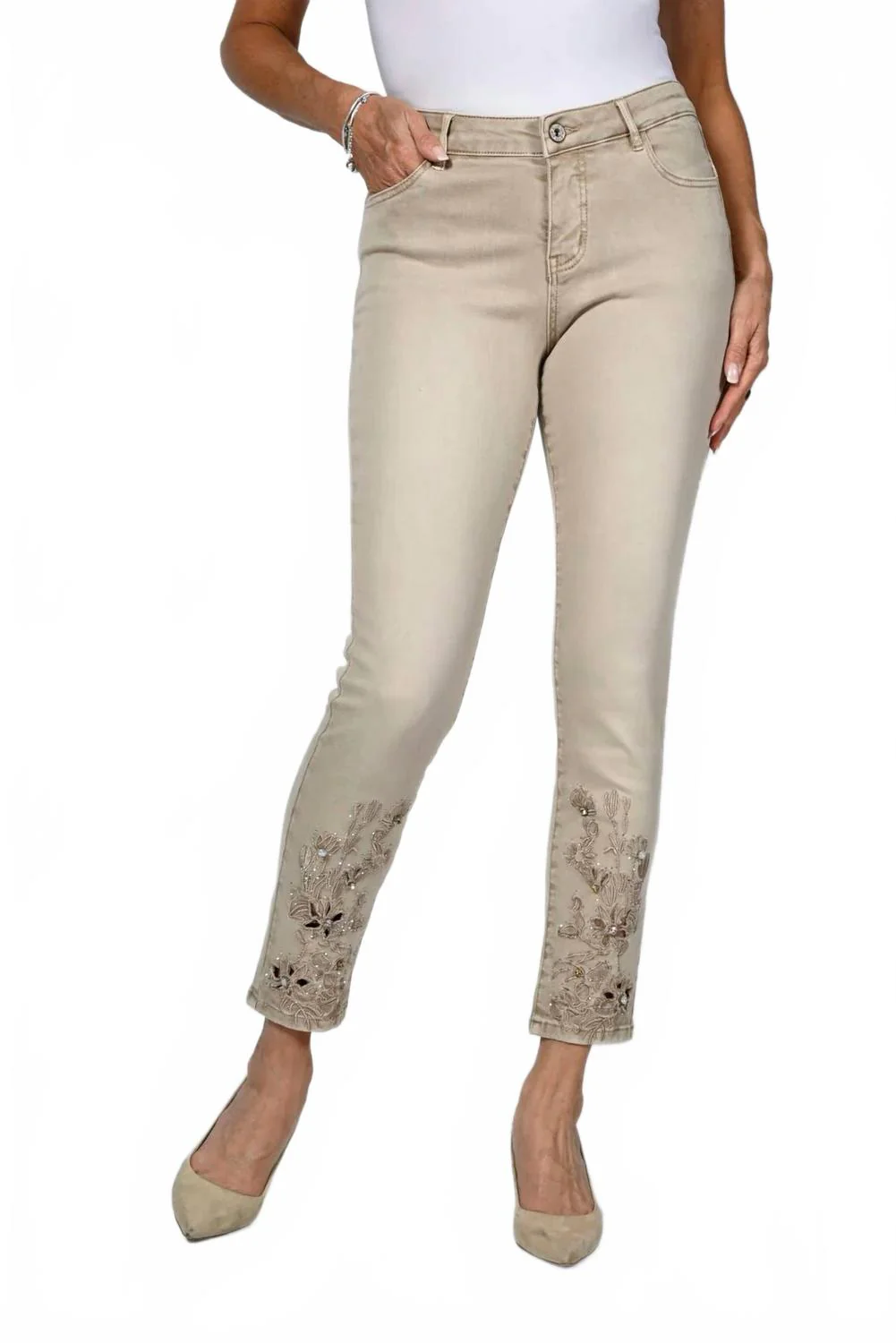 Sequin Cut-Out Hem Jeans In Beige