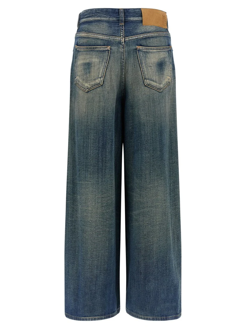 Stone-Washed Delavé Cotton Wide Leg Jeans