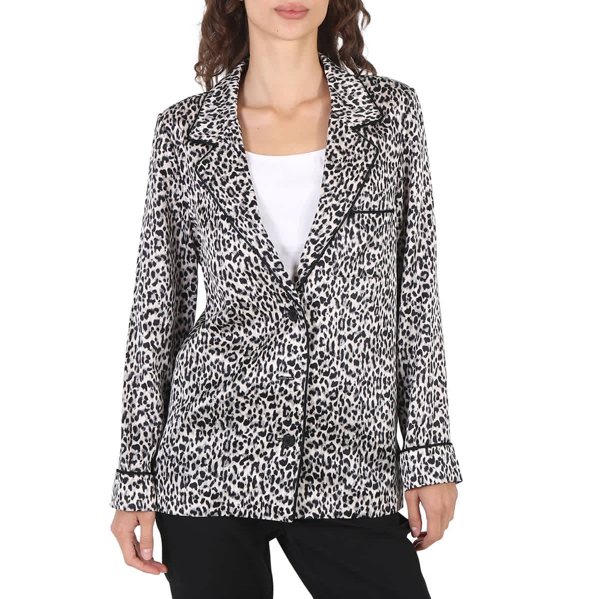 Saint Laurent Ladies Black Leopard-pattern Silk Blazer