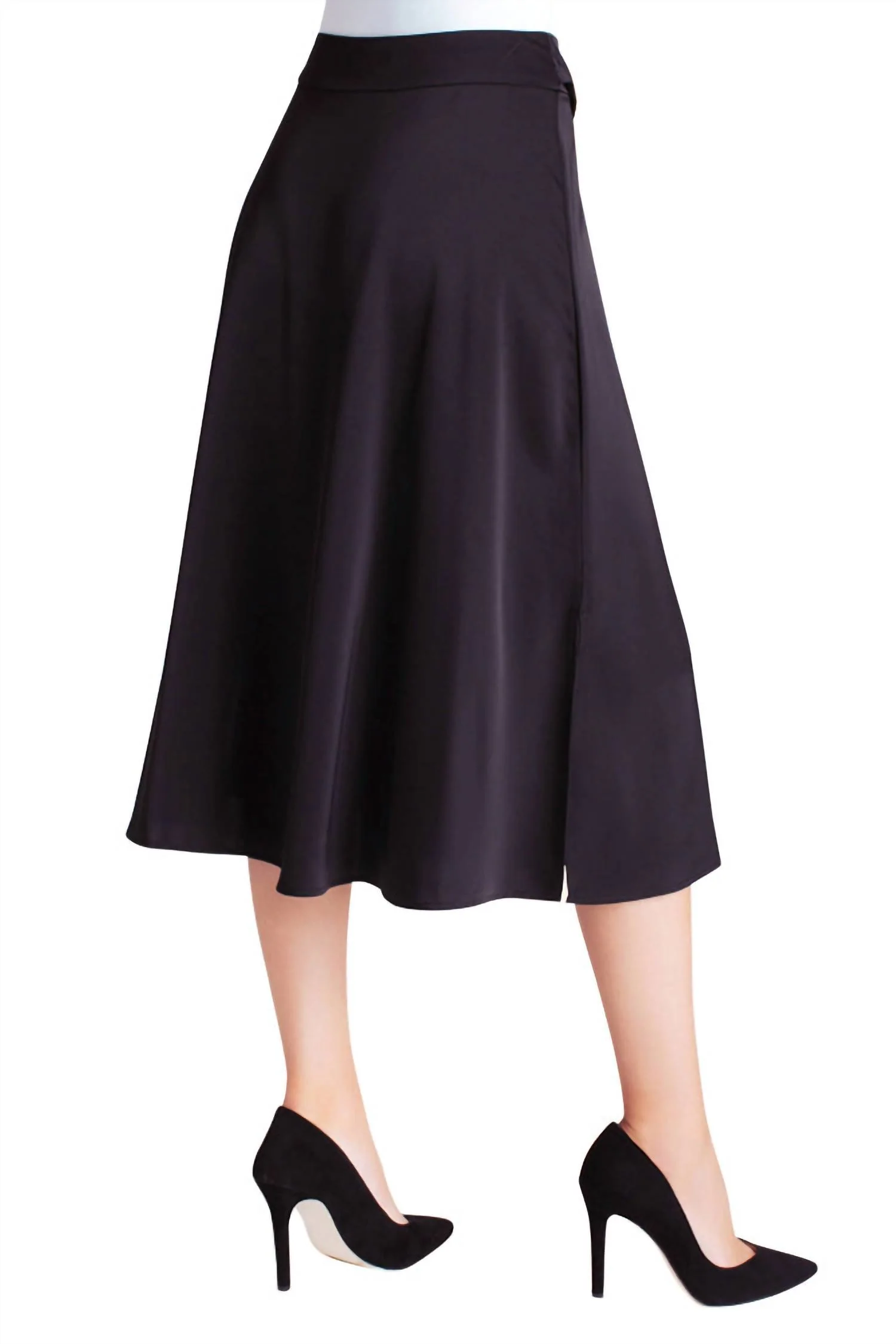Matte Shine Belted Midi Skirt In Black