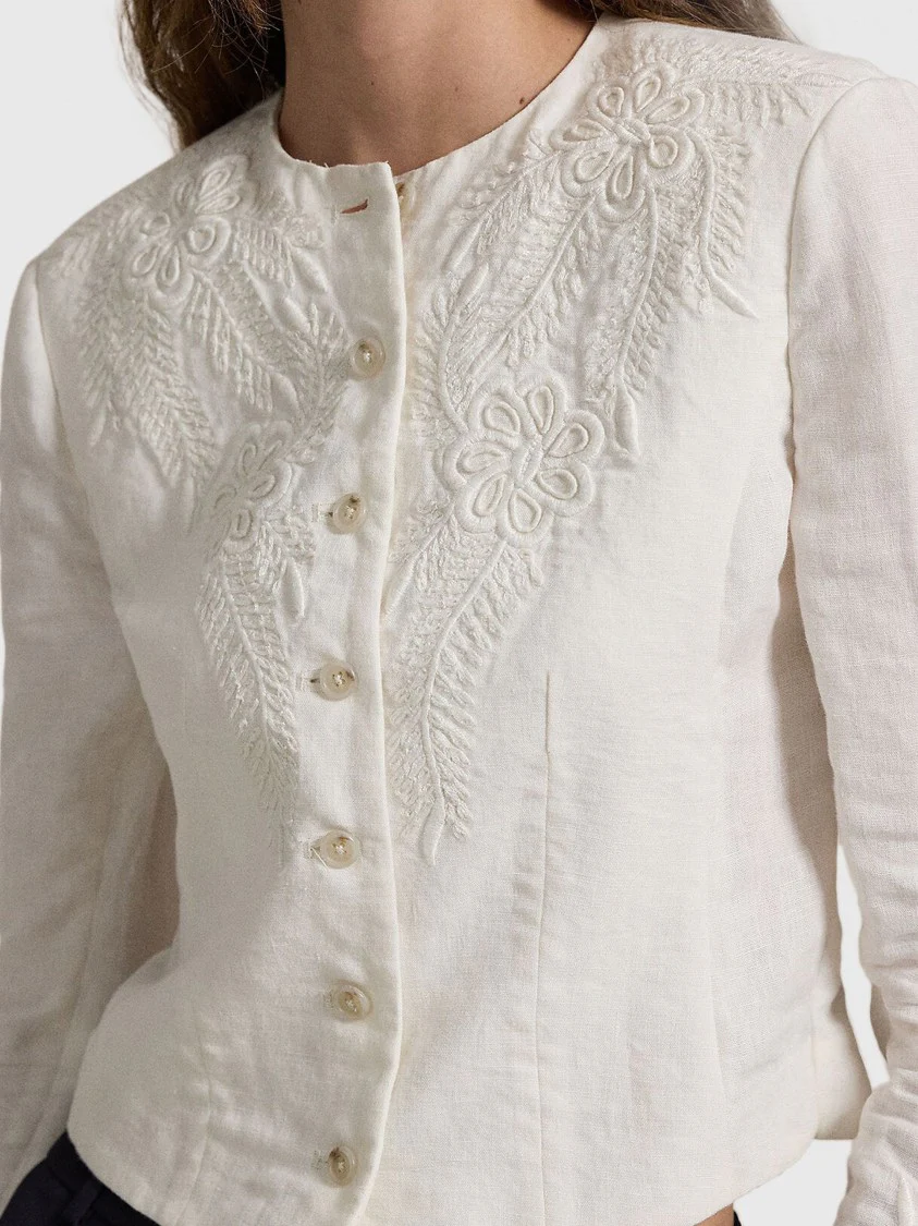 Cropped Linen Blazer With Floral Embroidery