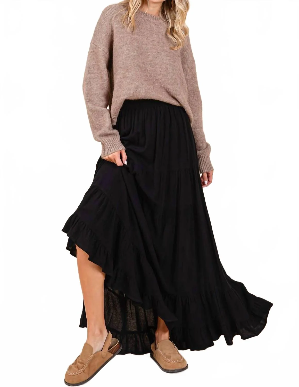 Flowy Tiered Elastic Waist Lined Maxi Skirt In Black