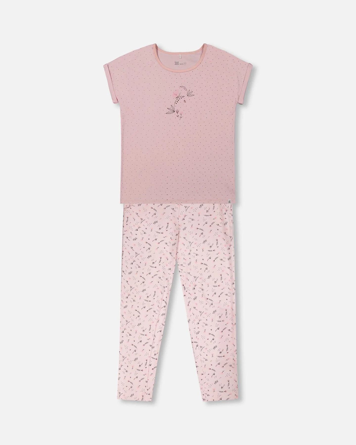 Women'S Printed Organic Cotton Two-Piece Pajama Set Small Pink Flowers On Pale Pink Background