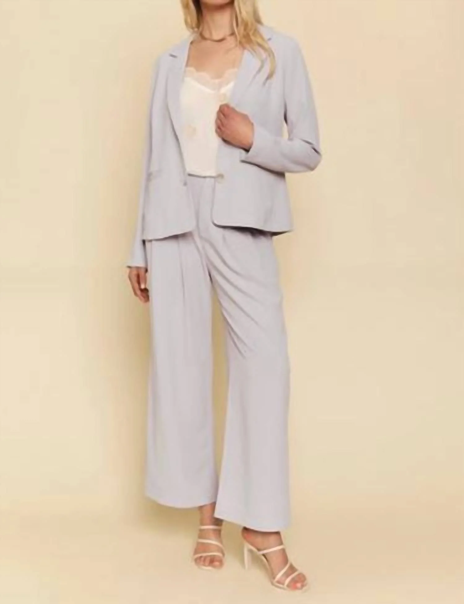 Double Buttoned Blazer & Wide Leg Pants Set In Lilac Grey