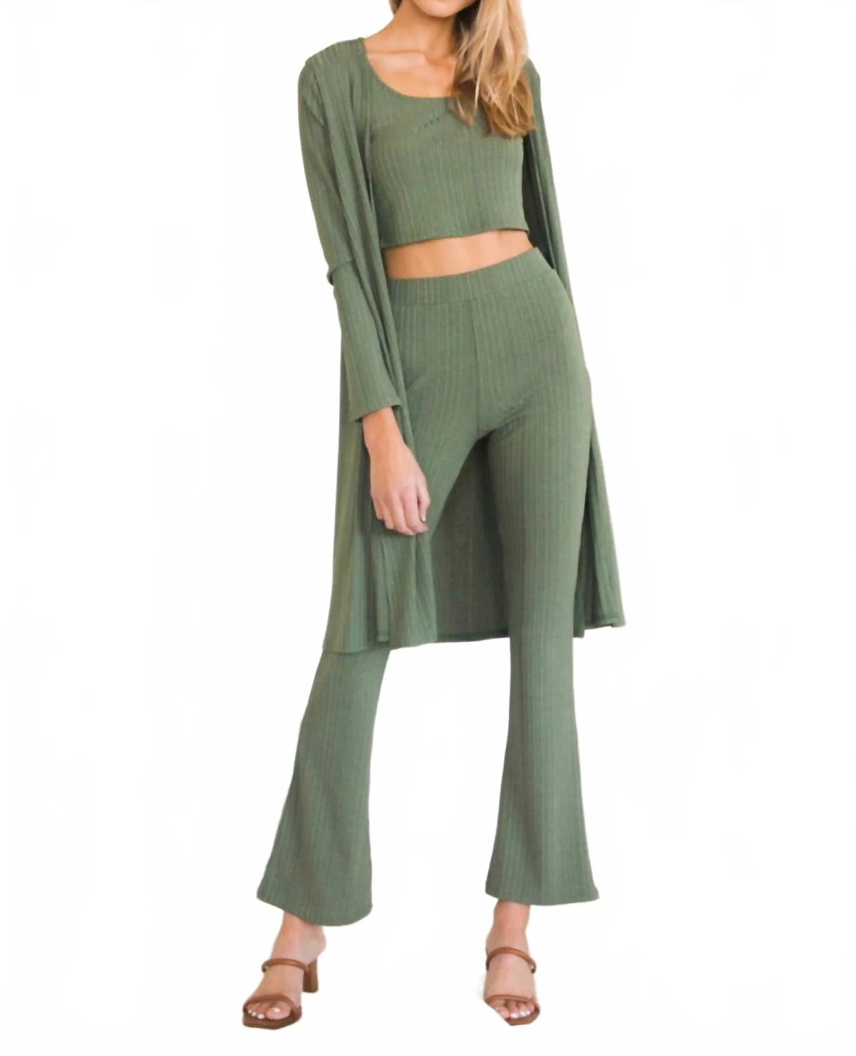 3 Piece Rib Knit Set In Olive