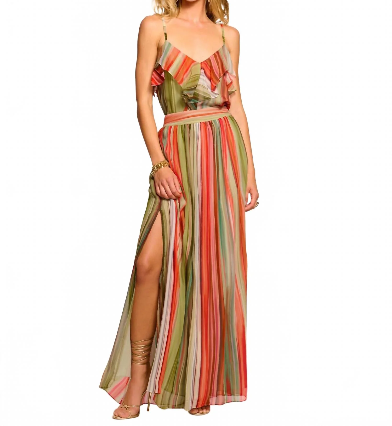 Lanette Silk Chiffon Maxi Skirt In Mint Stripe