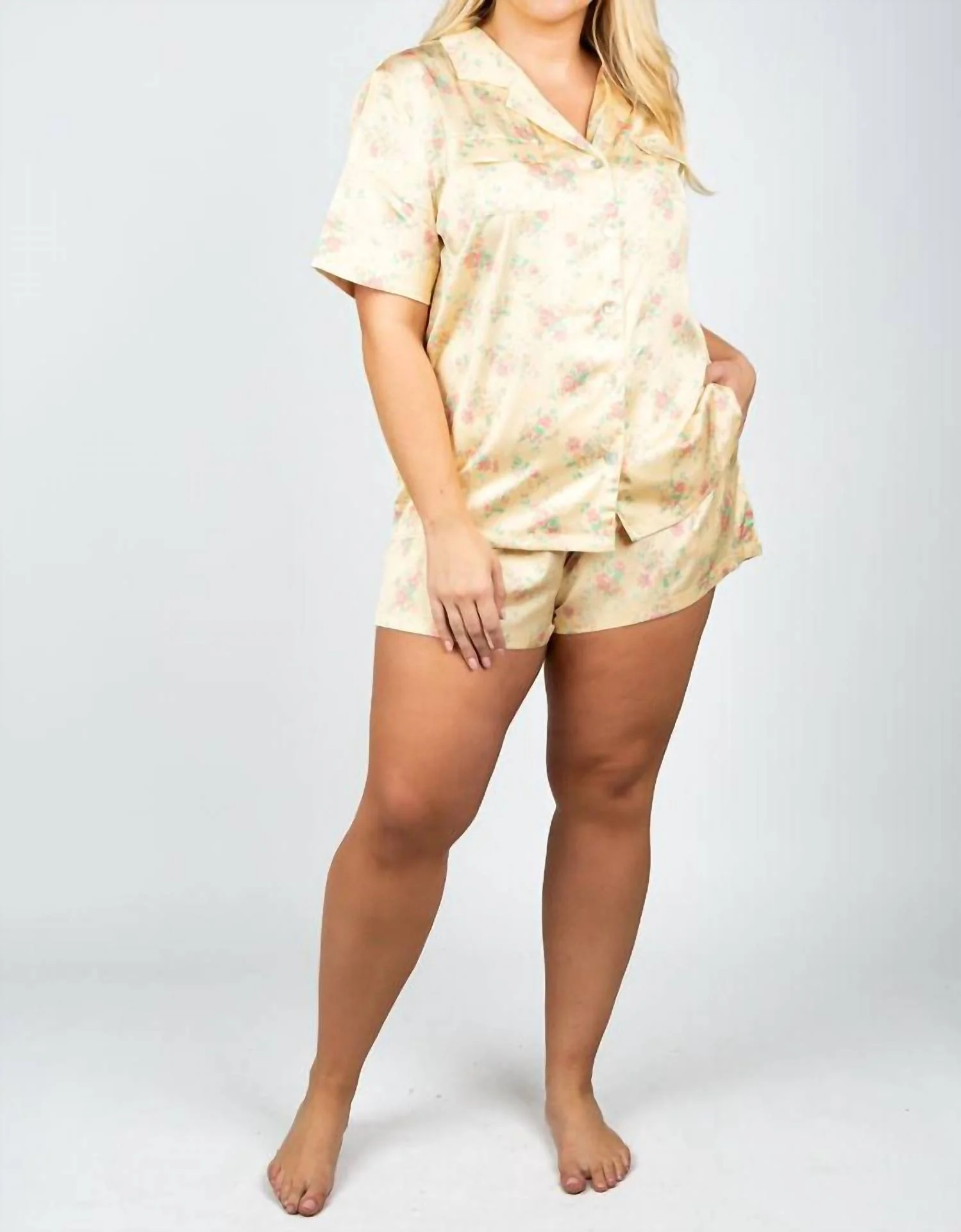 Satin Short Pajama Set In Light Yellow Vintage Floral