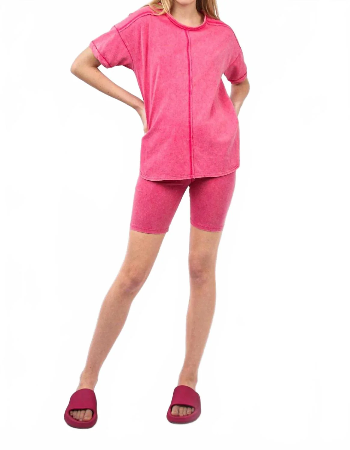 Comfy Washed Biker Top And Short Set In Pink