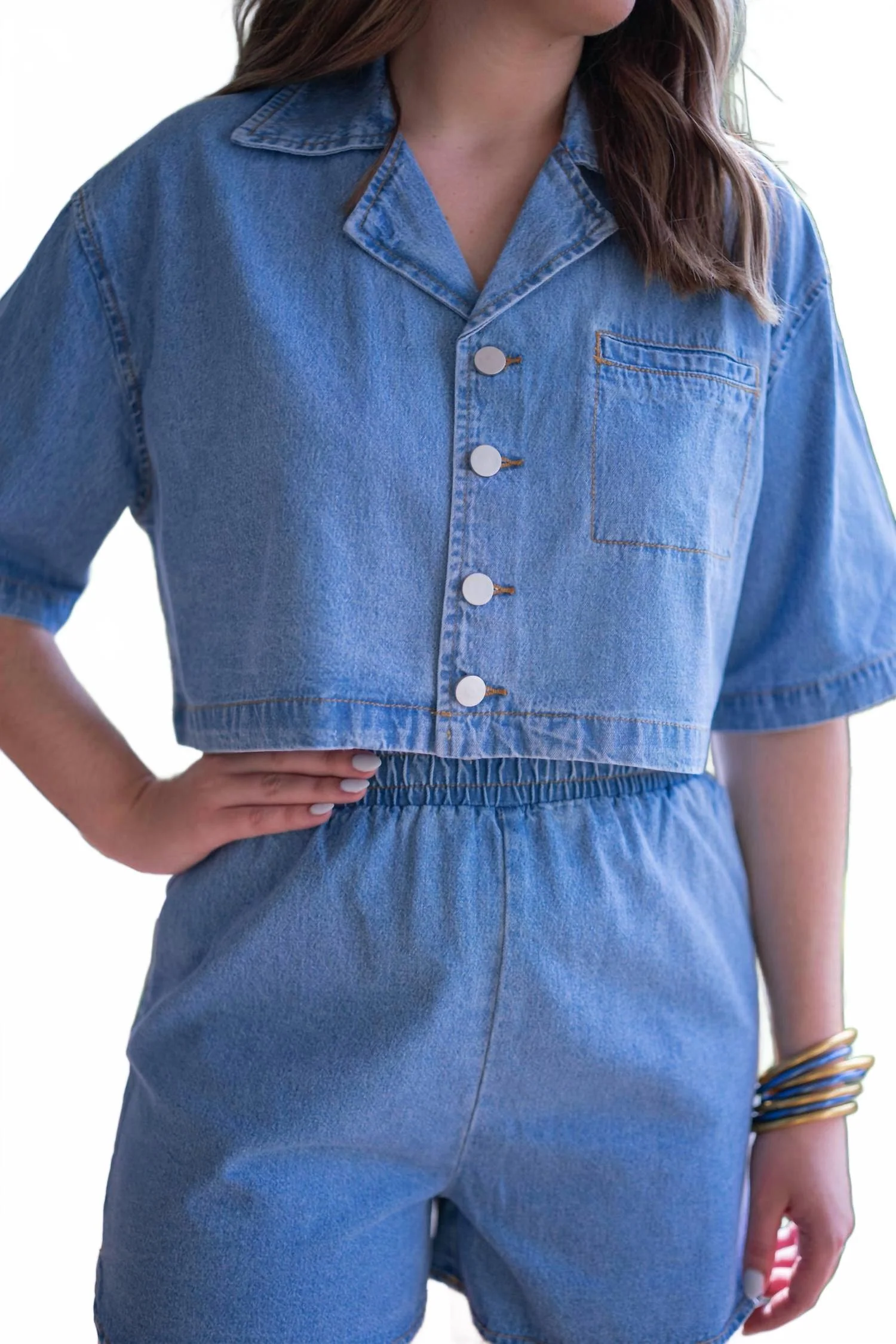 Denim Top And Shorts Set In Chambray Denim