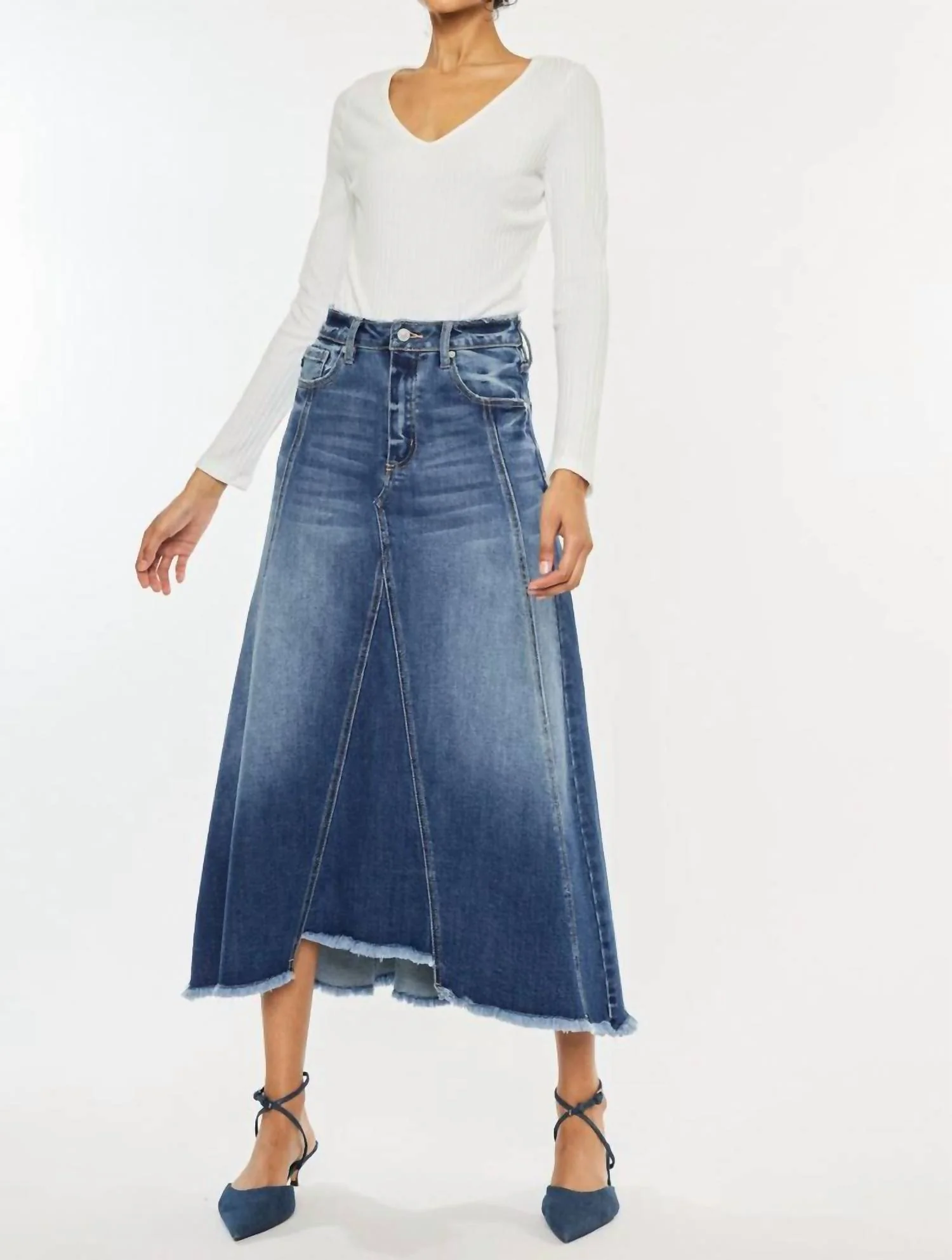 Midnight Denim Maxi Skirt In Dark Stone Wash