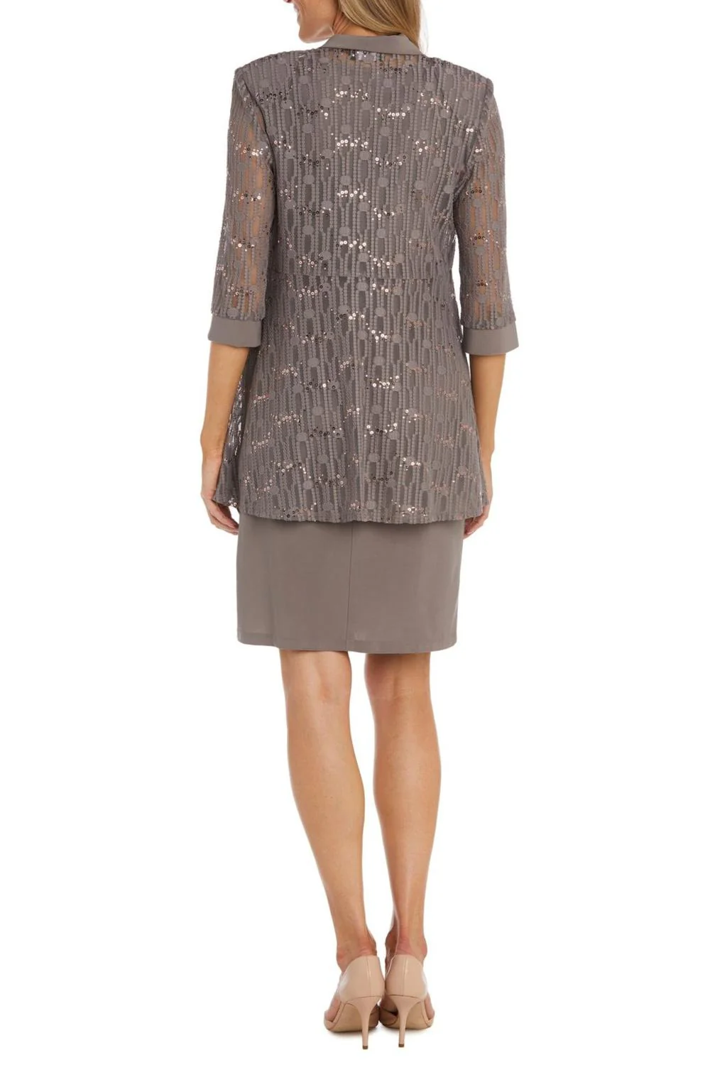 Sequined Lace 3/4 Sleeve Jacket & Dress Set In Mocha
