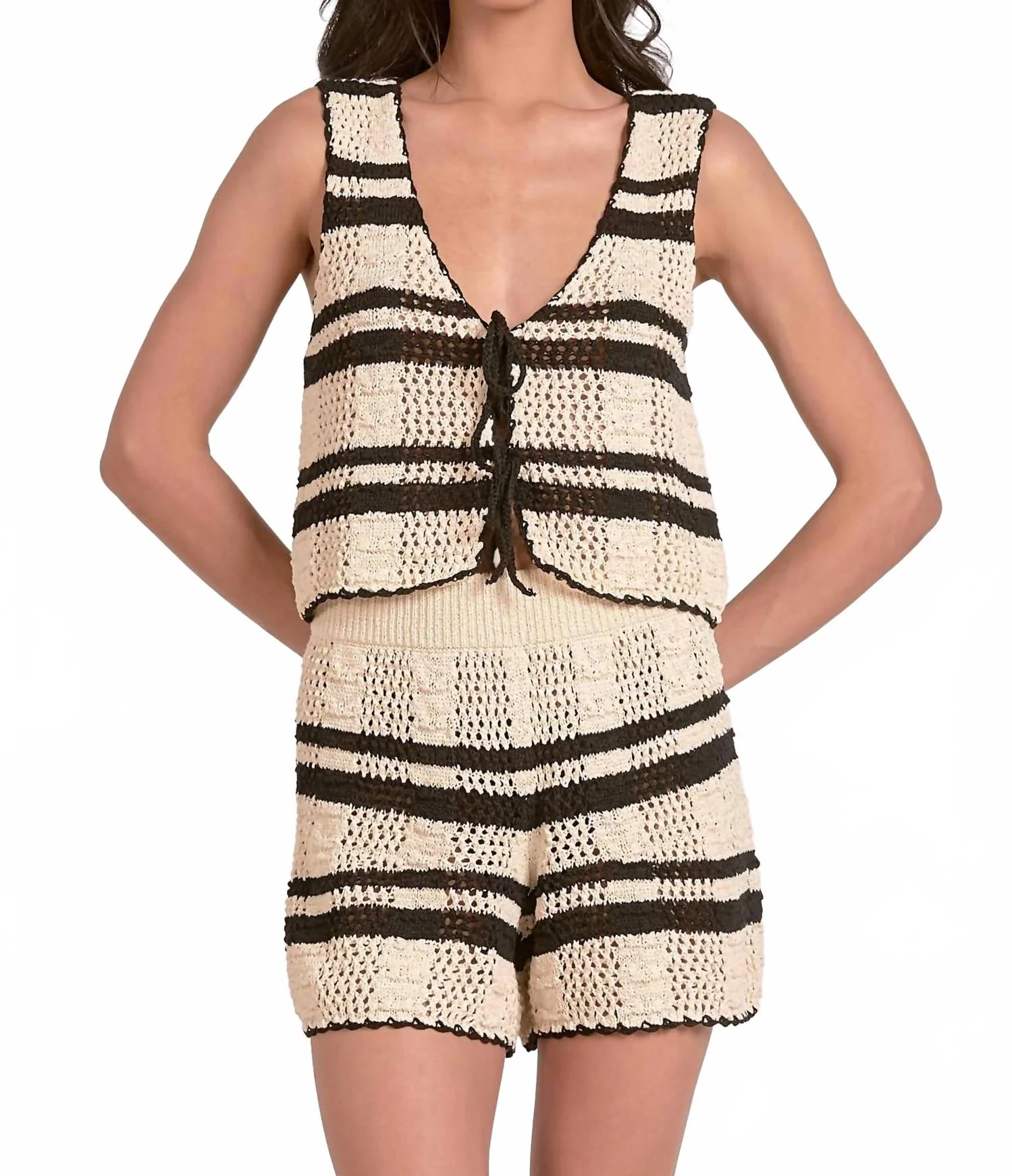 Crochet Vest And Short Set In Natural Black Stripe