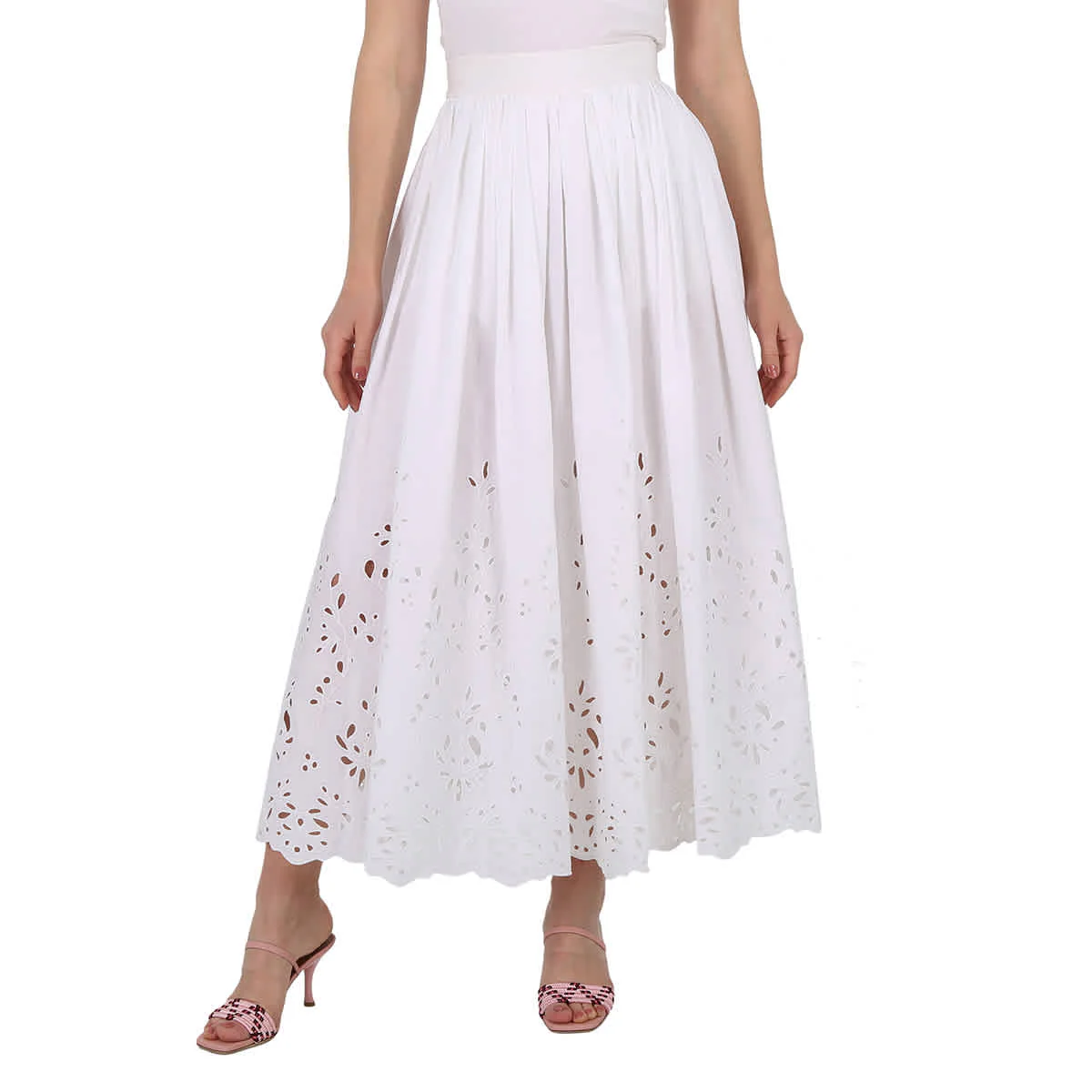 Chloe Ladies White Embroidered Mid-Length Skirt