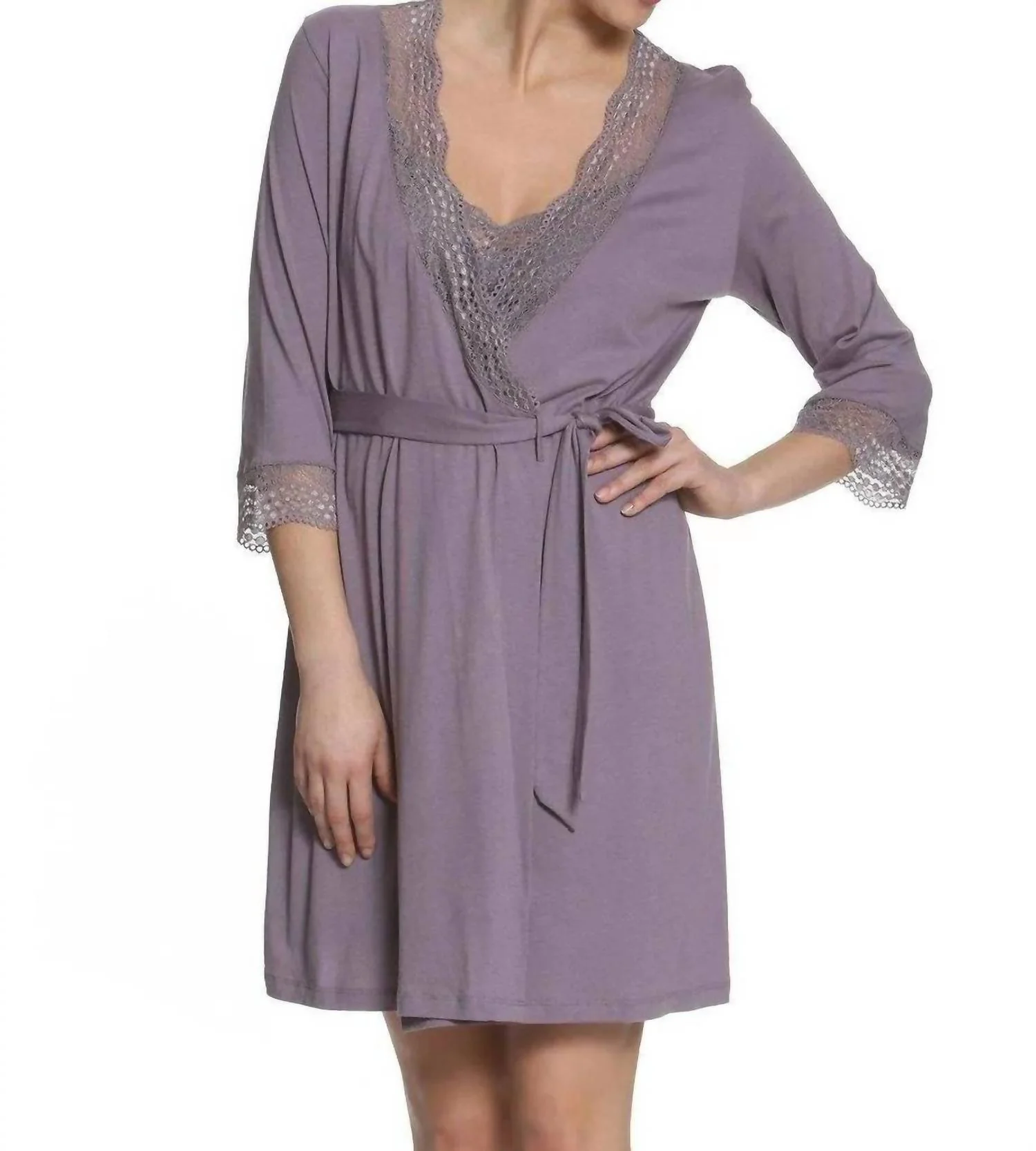 Leslie Lace Accented Robe In Purple Ash
