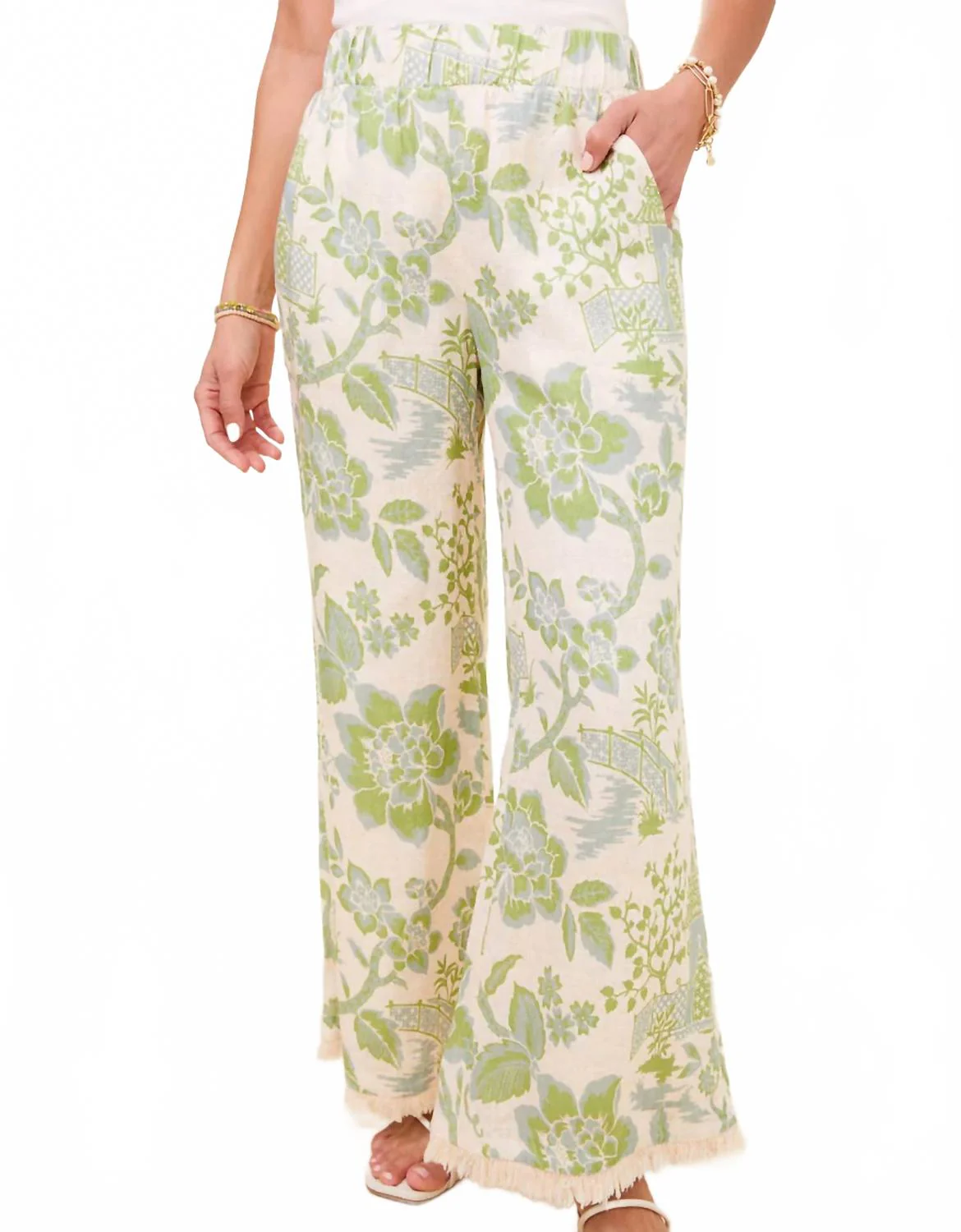 Resort Fringe Palazzo Pant In Enclave Toile Surf Green