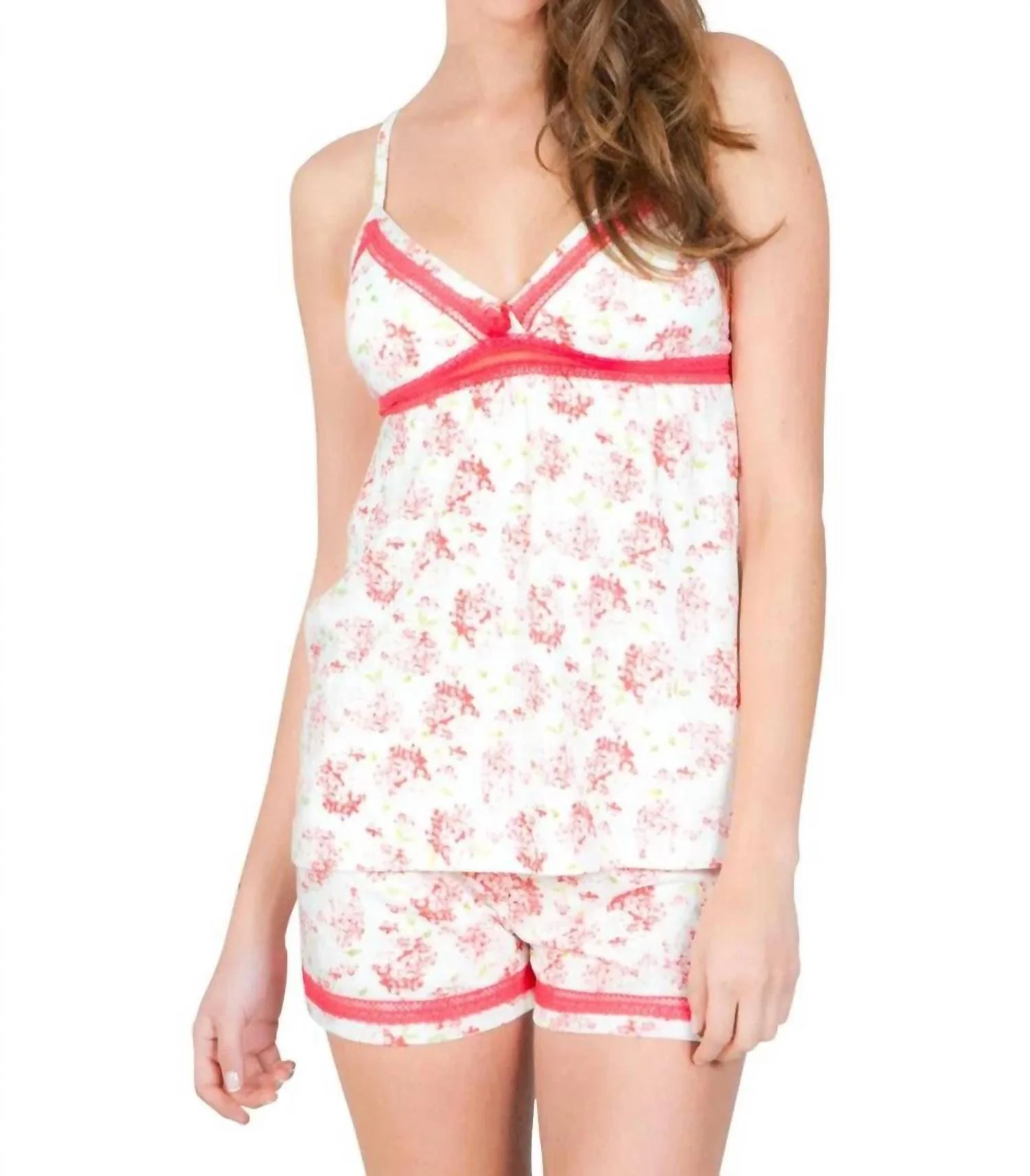 Elizabeth Spaghetti Strap Camisole Boxer Pajama Set In Red Hydrangeas