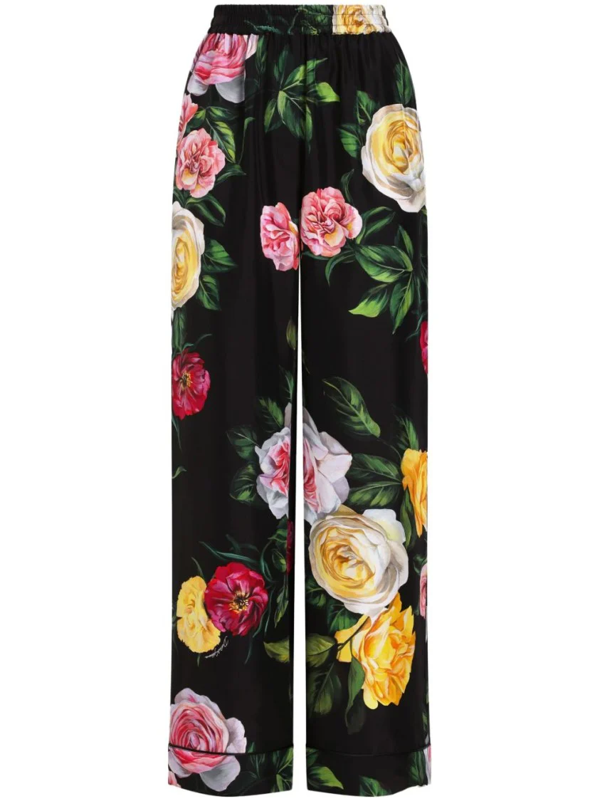 Wide-Leg Trousers With Striking Rose Print