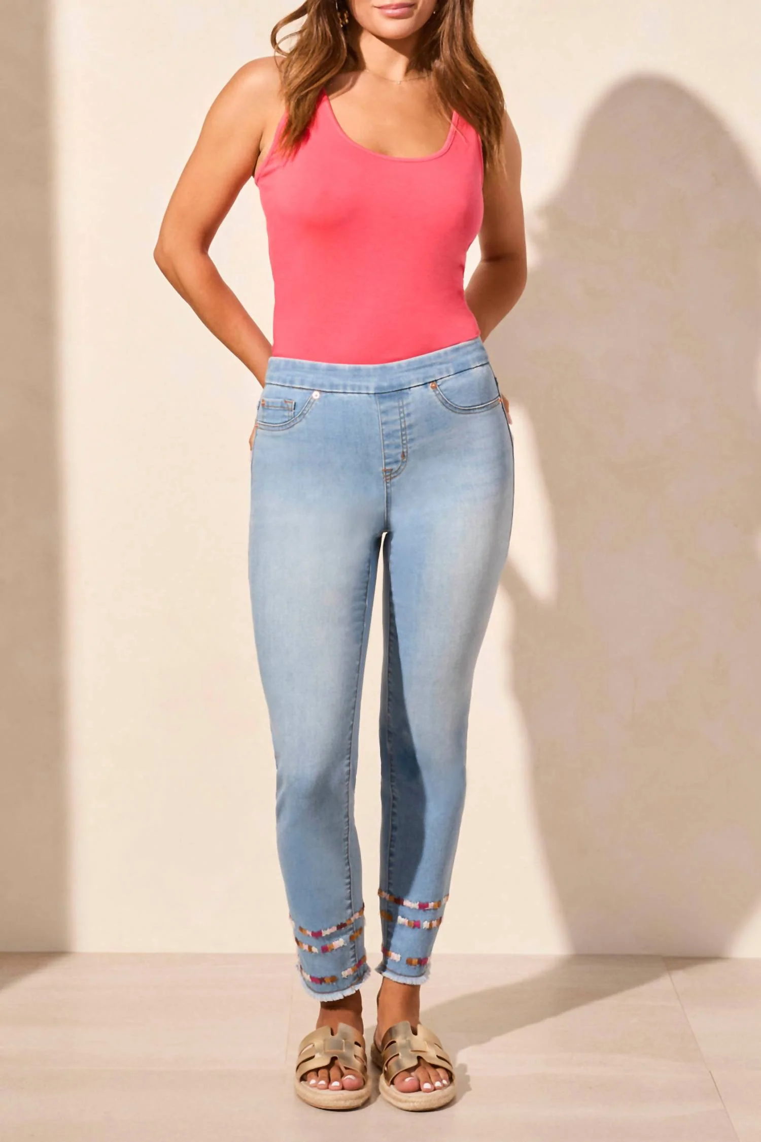 Audrey Pull-On Slim Ankle Jeans With Embroidery In Vivid Blue