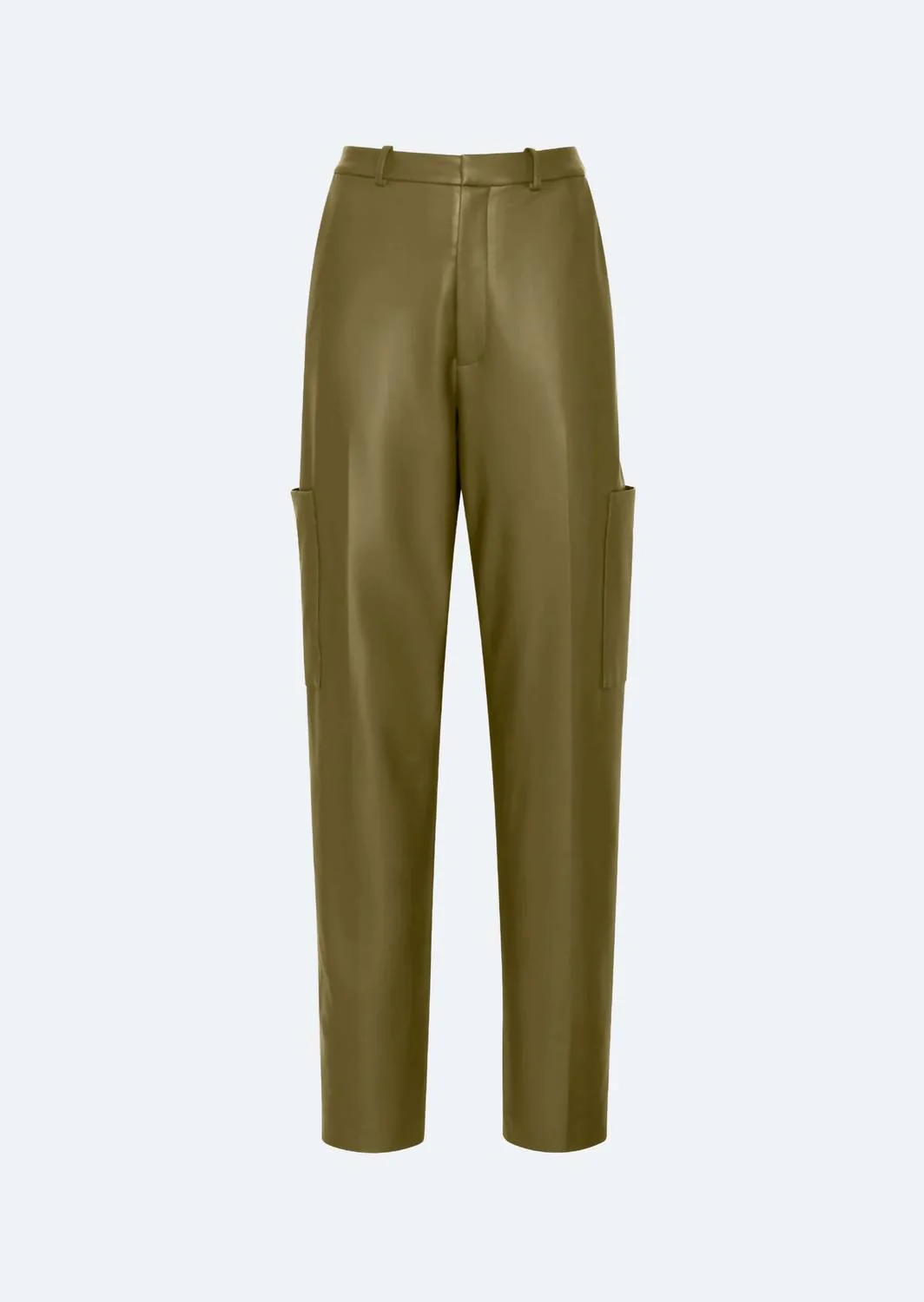Stretch Faux Leather Tapered Trouser In Dark Olive