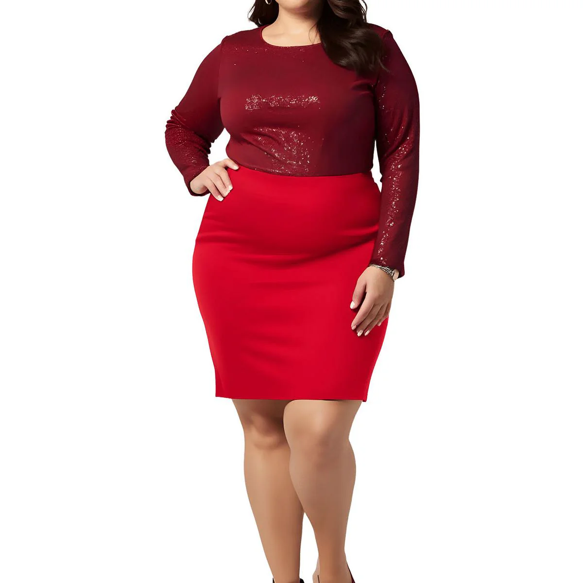 Plus Womens Solid Crepe Pencil Skirt