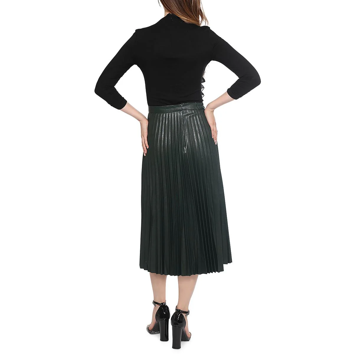 Womens Faux Leather Long Pleated Skirt