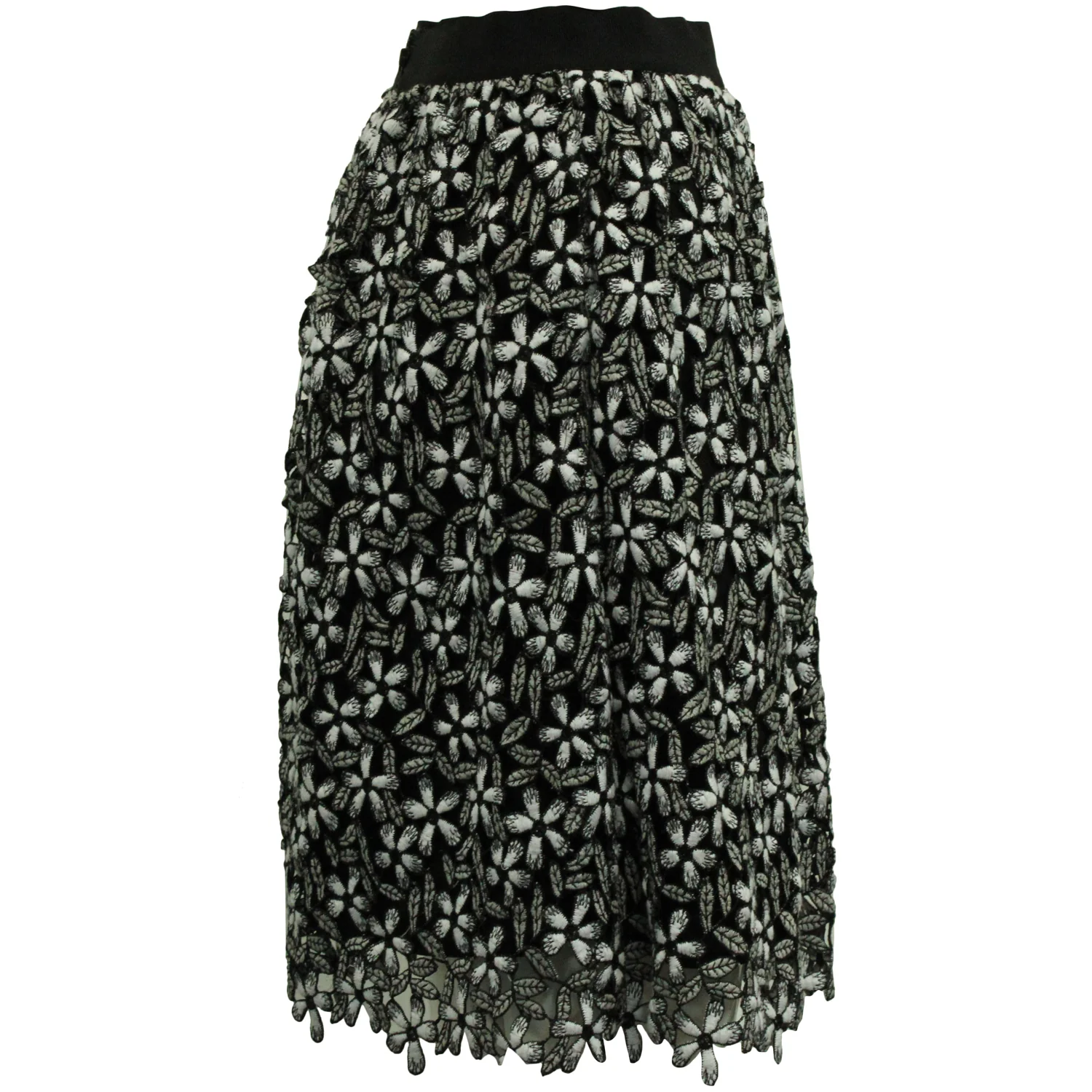 Self Portrait Floral Guipure Lace Skirt in Black and White Midi Skirt Polyester