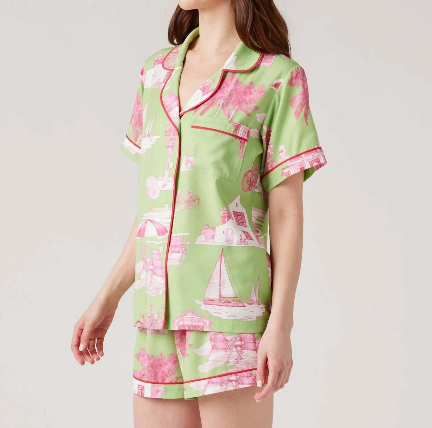 Florida Toile Pajama Short Set In Green Pink