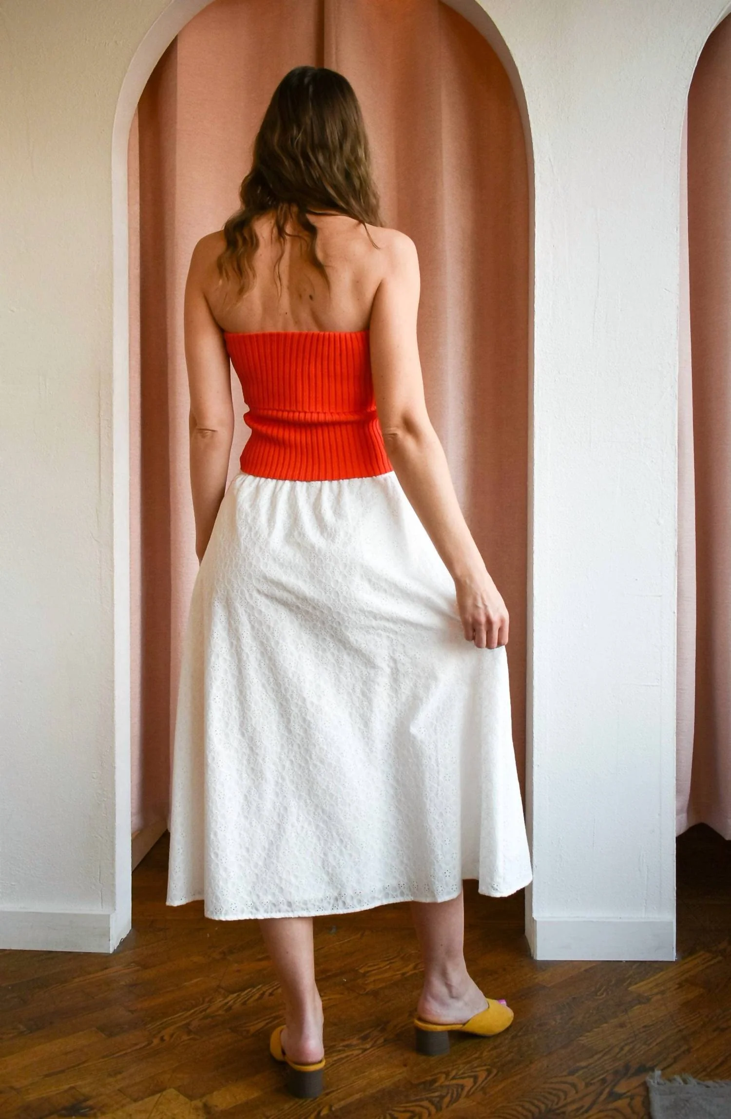 Sundream Eyelet Drawstring Midi Skirt In White