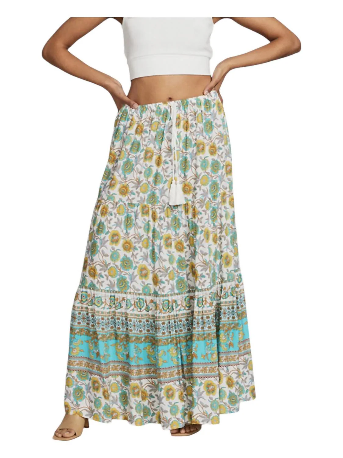 Printed Maxi Skirt In Green Multi