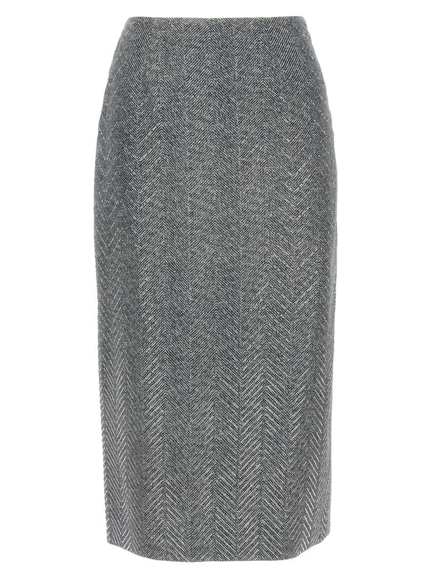 Rhinestone-Embellished Herringbone Silk Midi Skirt