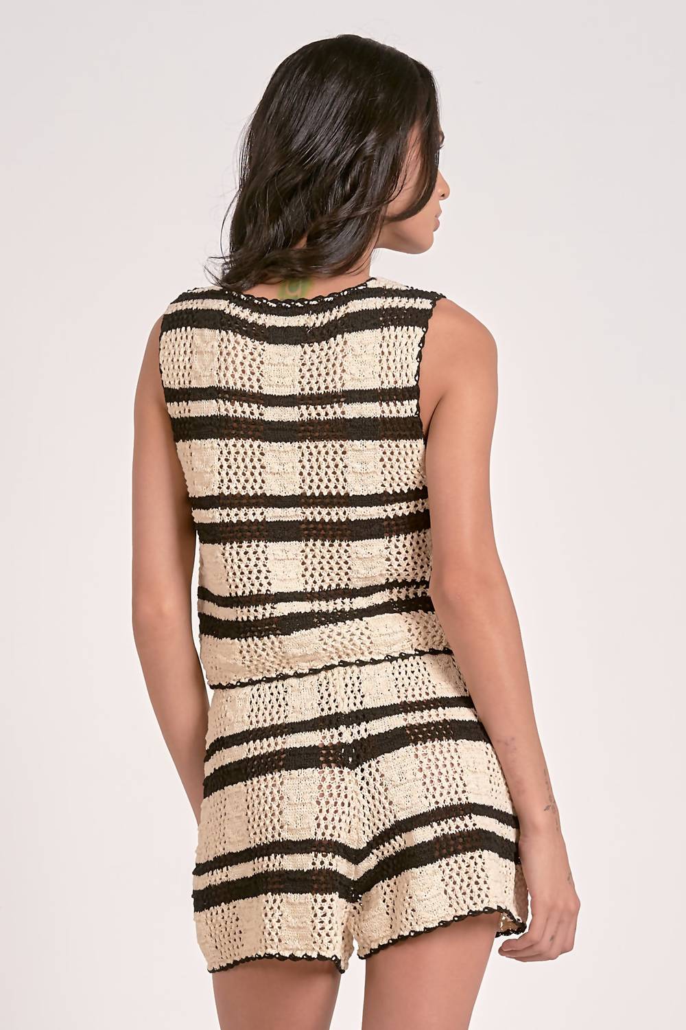 Crochet Vest And Short Set In Natural Black Stripe