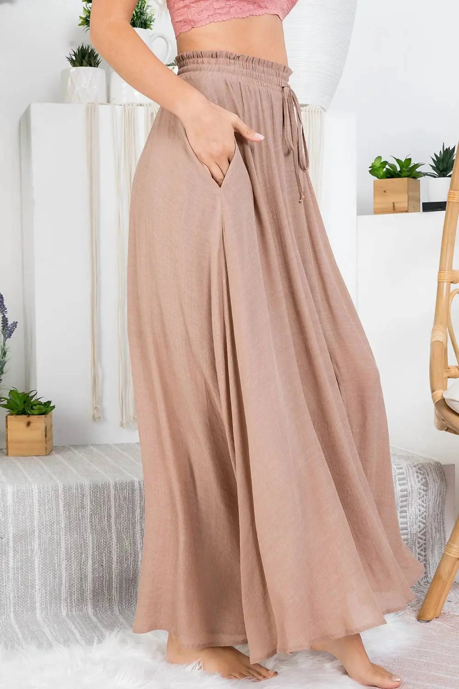Curvy Smocked Drawstring Maxi Skirt In Mocha