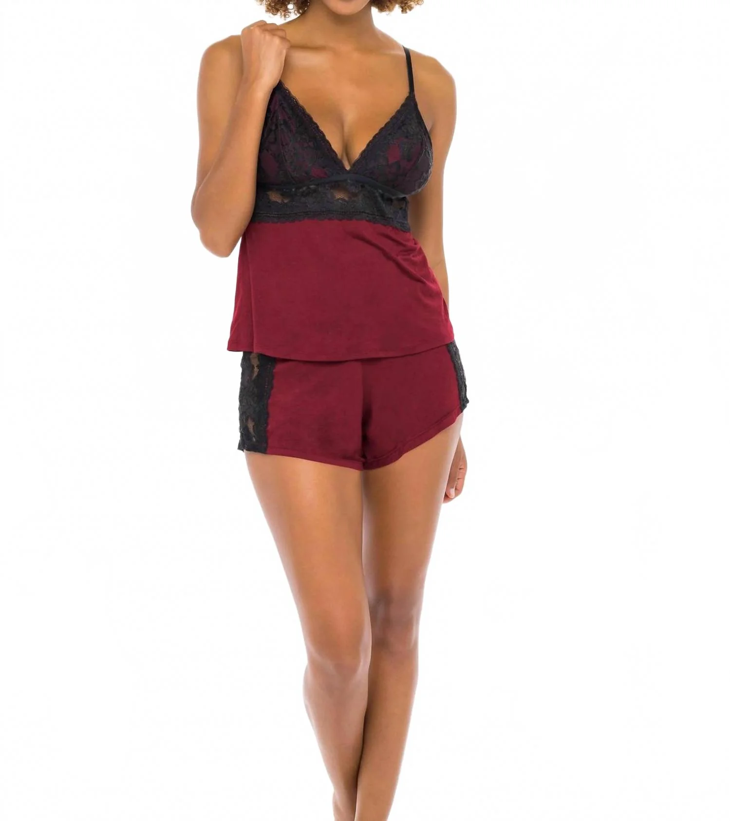 Louella Lace Camisole And Short Set In Rhubarb / Black