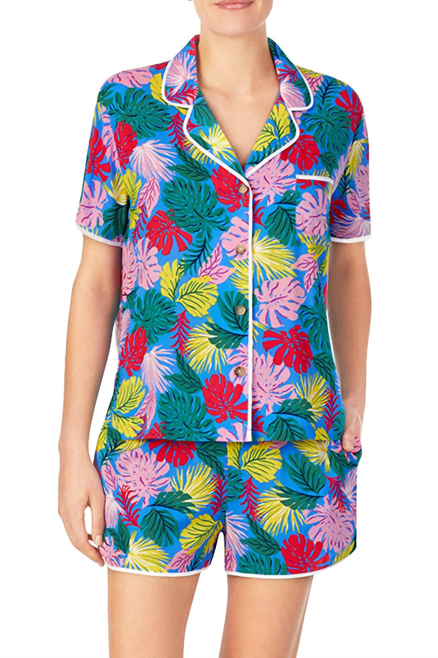 Notched Collar Front Patch Pocket Short Sleeve Sleep Pajama Shirt In Palm Leaves