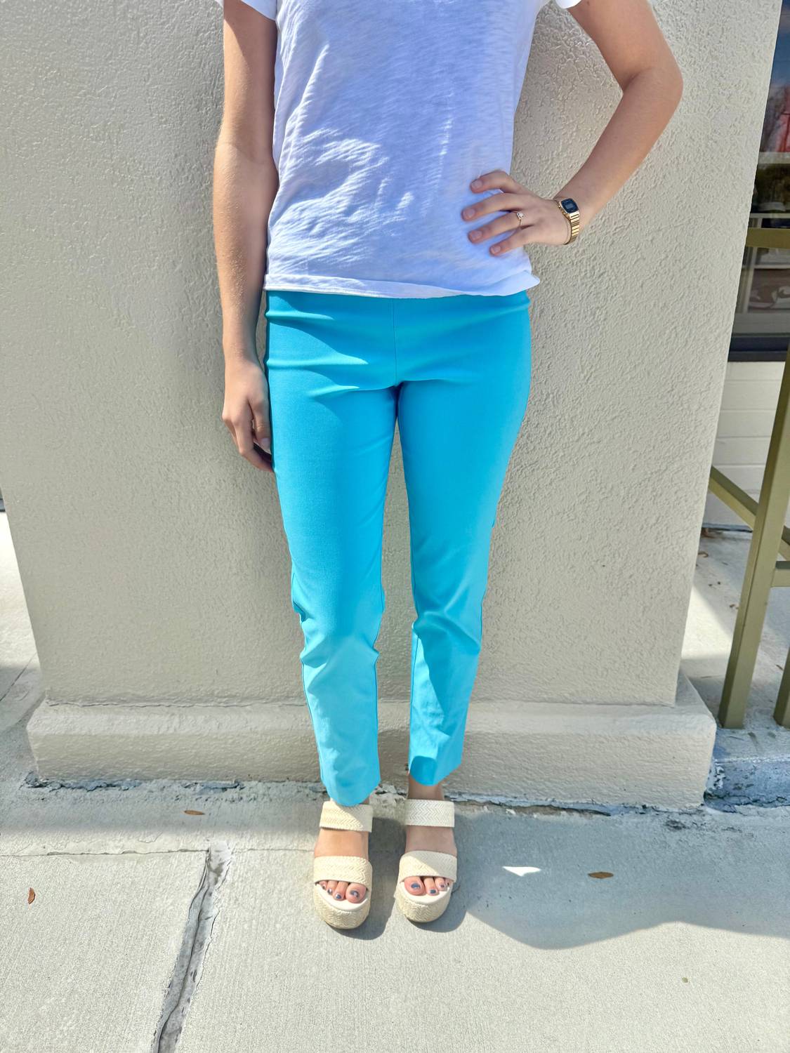 Pull-On Solid Ankle Pants In Turquoise