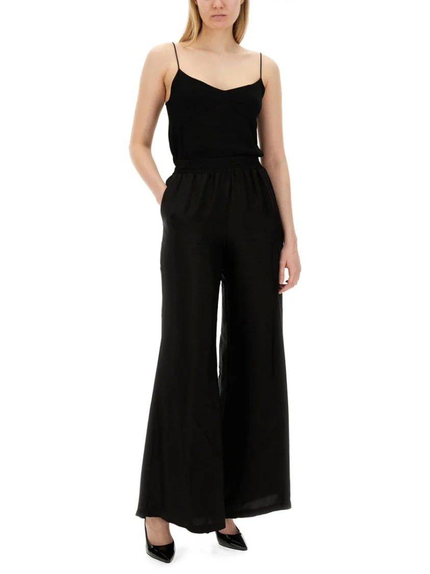 Black Wide Leg Pants With Relaxed Fit And Elastic Waistband