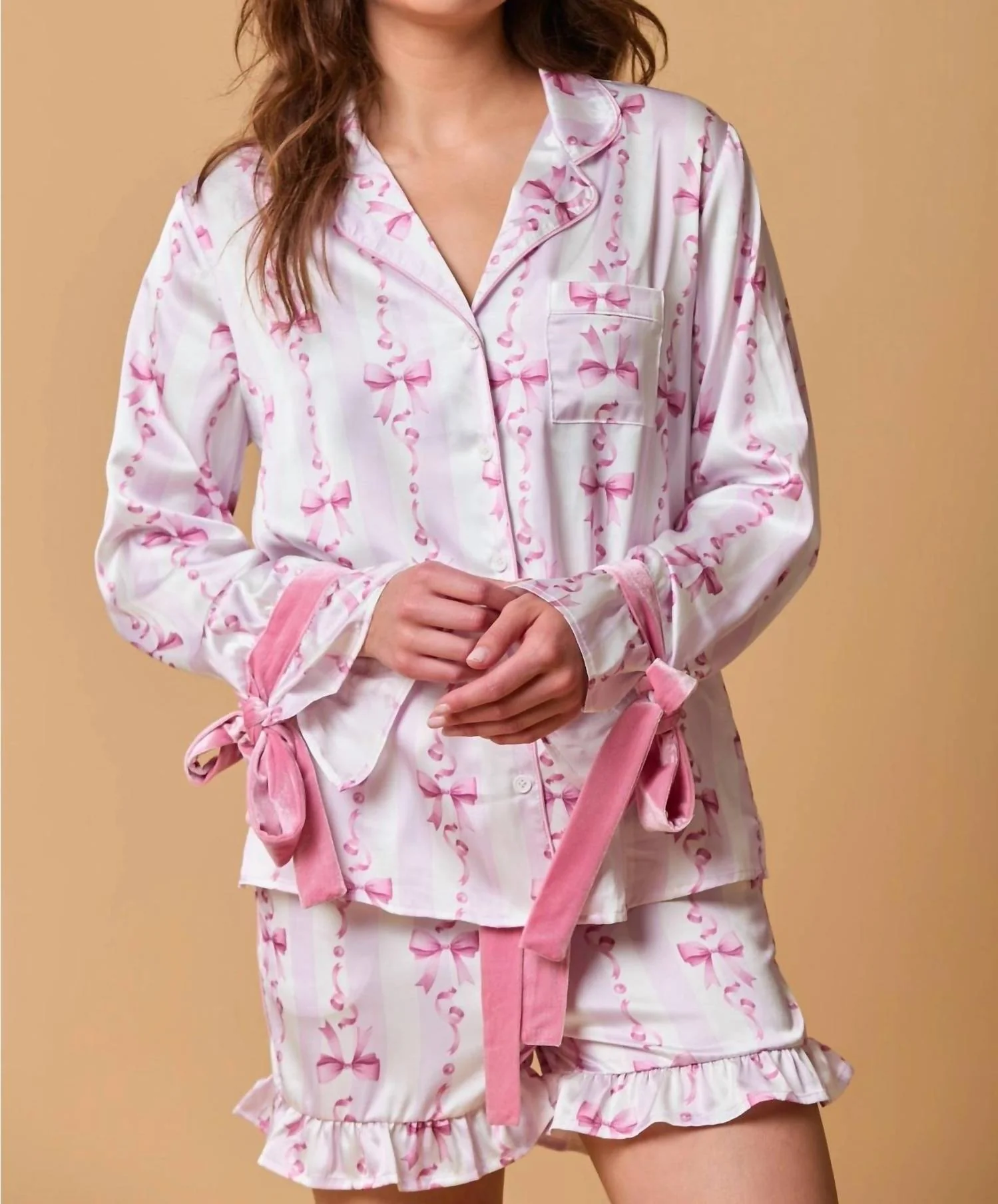 Bow Sleeve Button Down Pajama Top In Pink