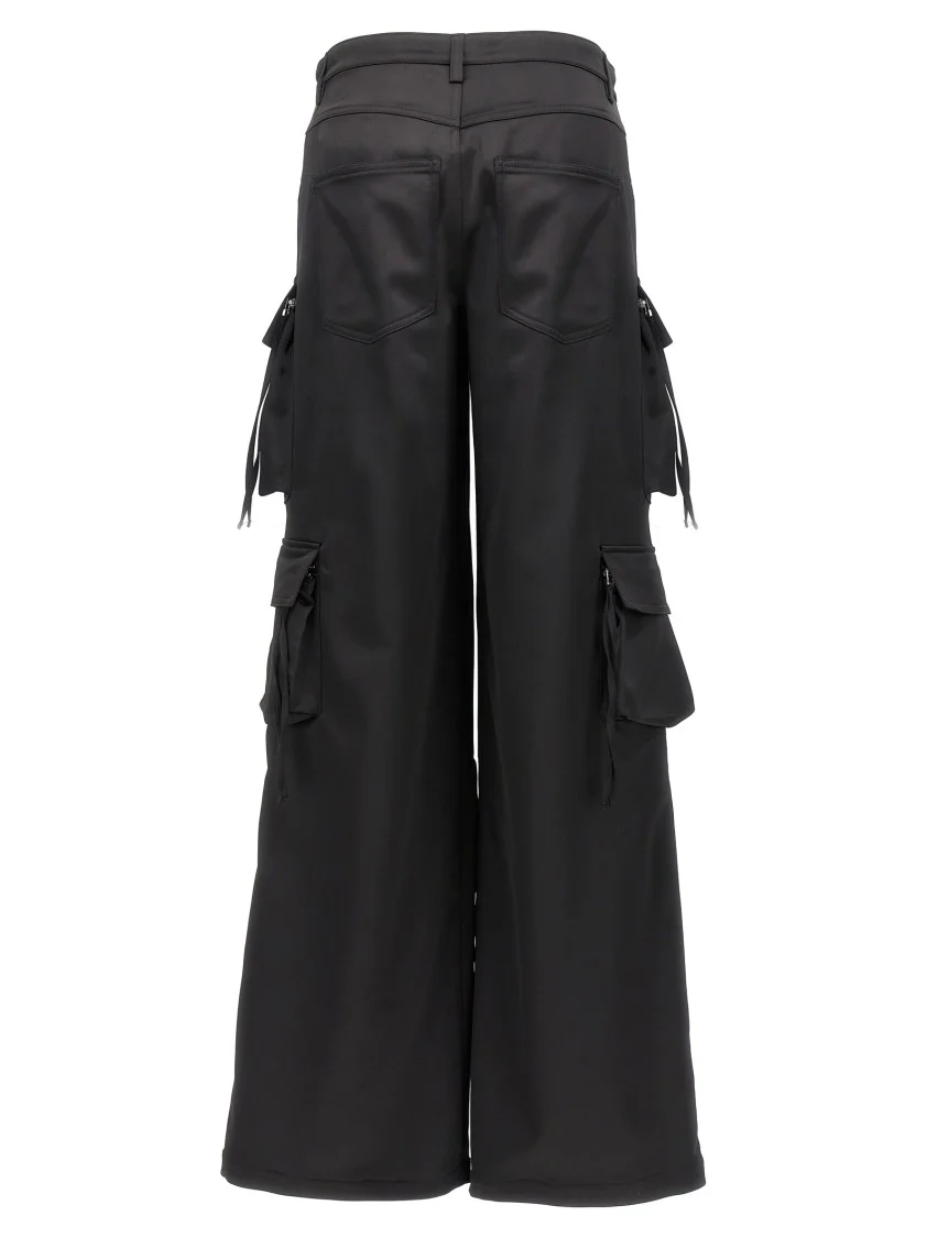 Wide-Leg Black Satin Cargo Pants