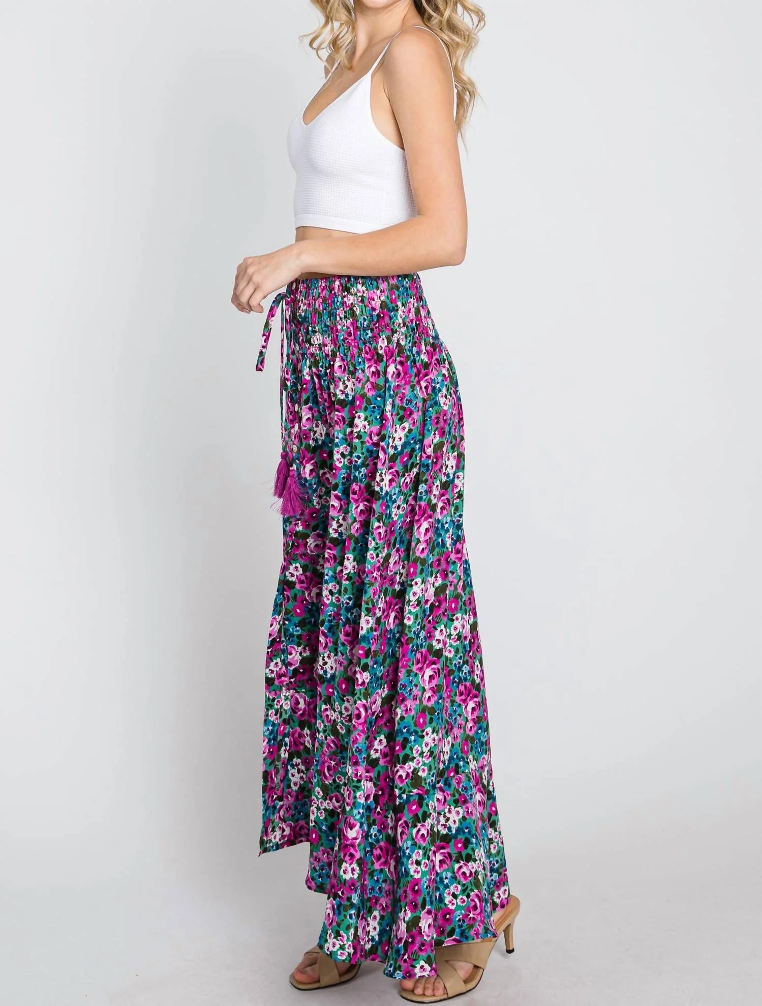 Floral Maxi Skirt With Smocked Waist & Button Front In Fuchsia