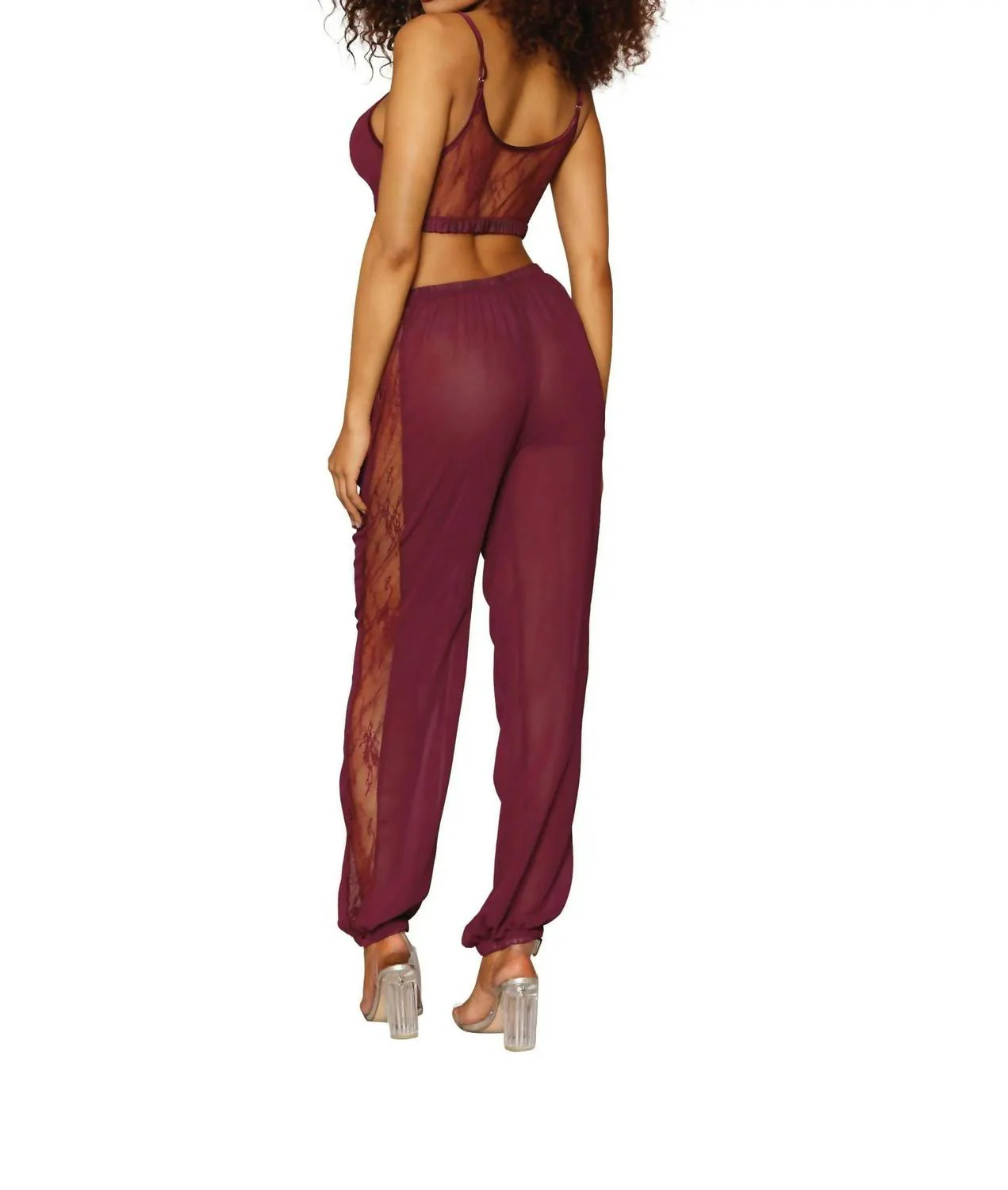 Chiffon And Lace Pajama Set In Burgundy