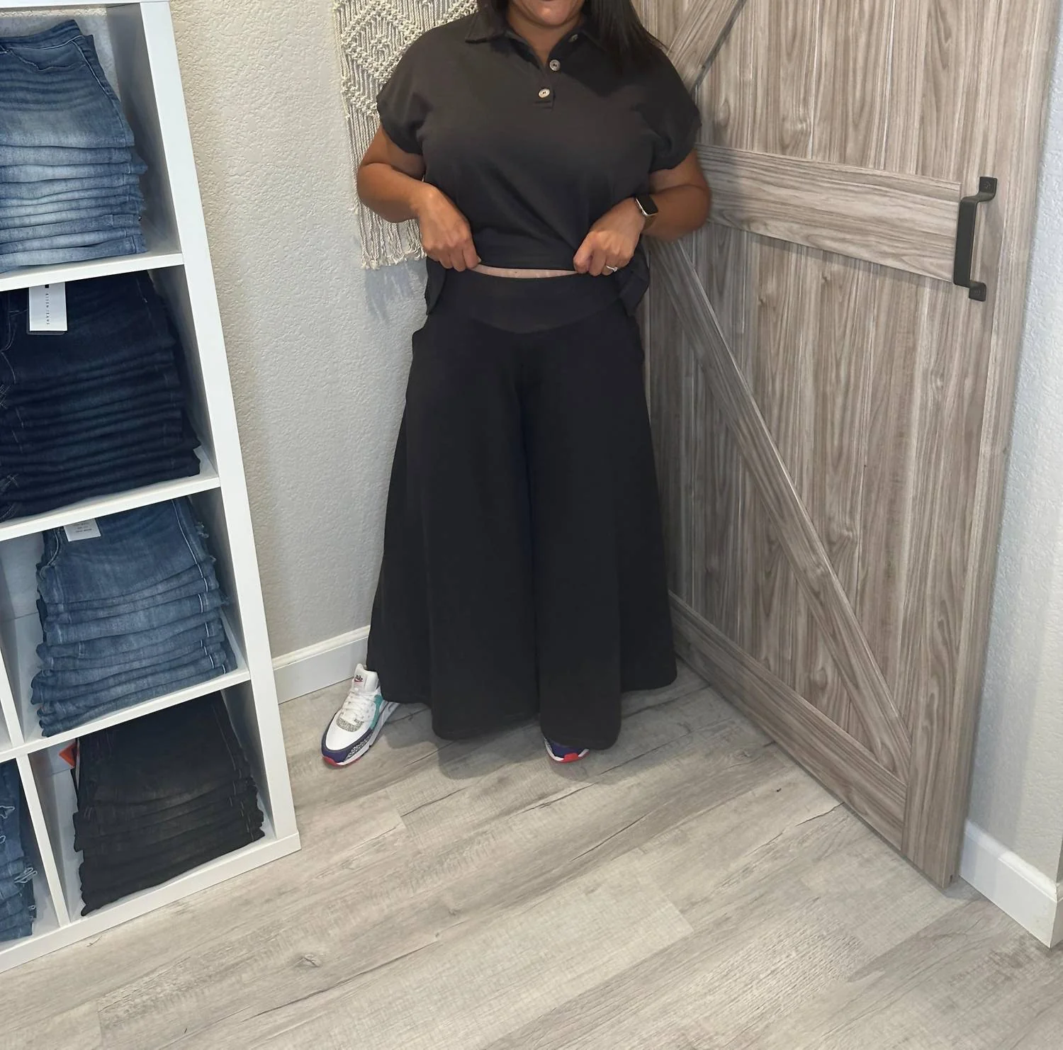 Distressed Top And Wide Leg Pants Matching Set In Faded Black