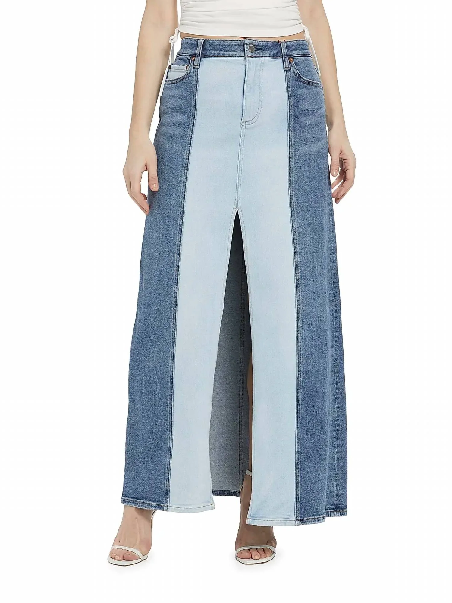 Rye Low-Rise Two-Tone Denim Maxi Skirt In Brooklyn Blue