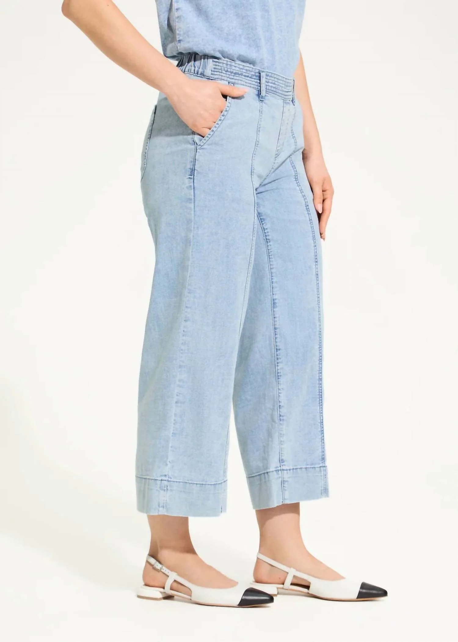 Pull-On Wide Crop Trouser In Powder Wash Denim