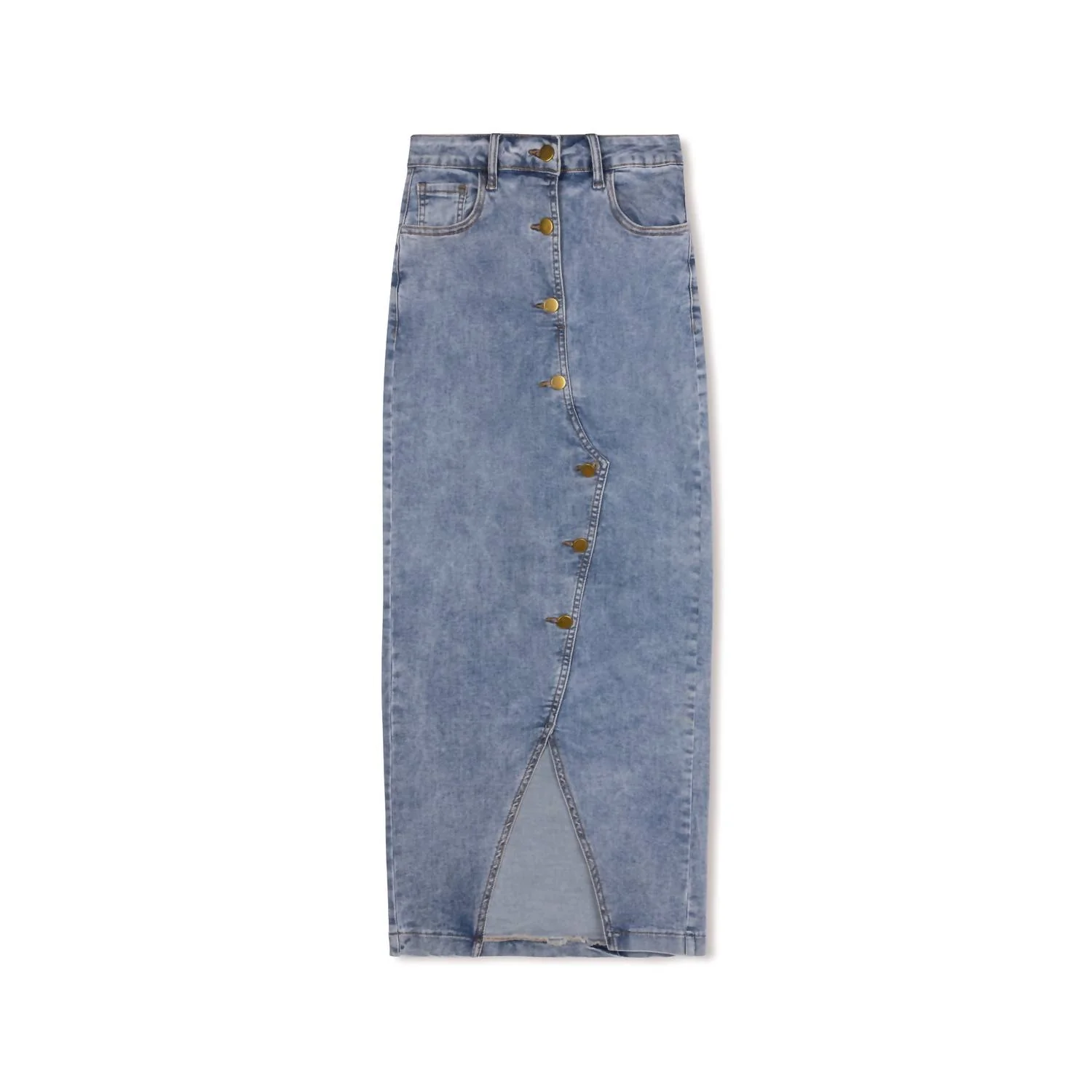 Women's Button Front Stretch Denim Midi Skirt In Dark Blue Denim