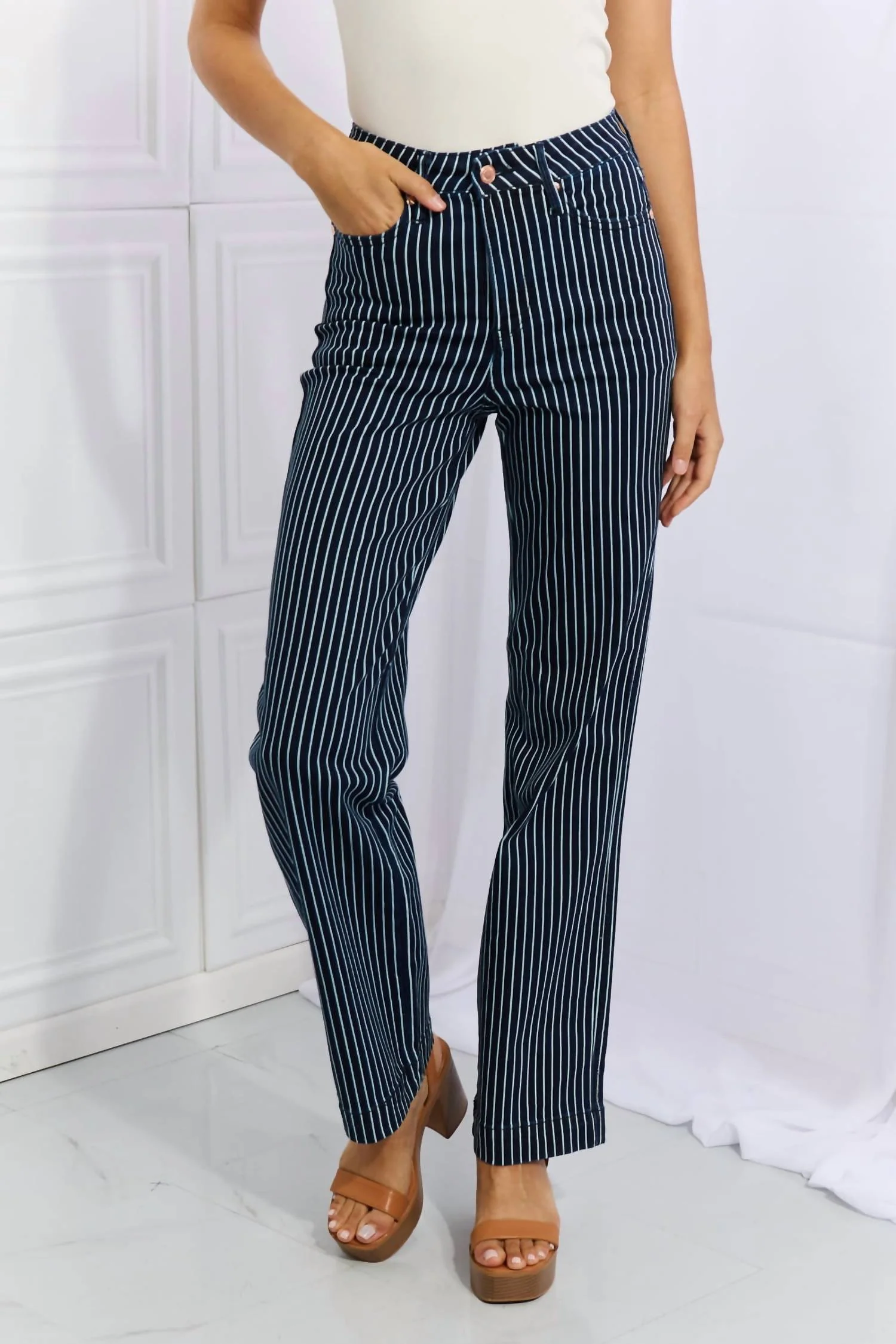 High Waist Tummy Control Striped Straight Trouser Jeans In Dark Blue Striped