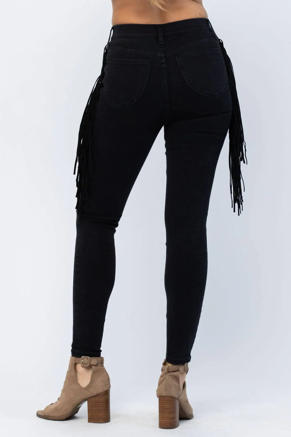 High Waist Side Fringe Skinny Jegging Denim Jeans In Black