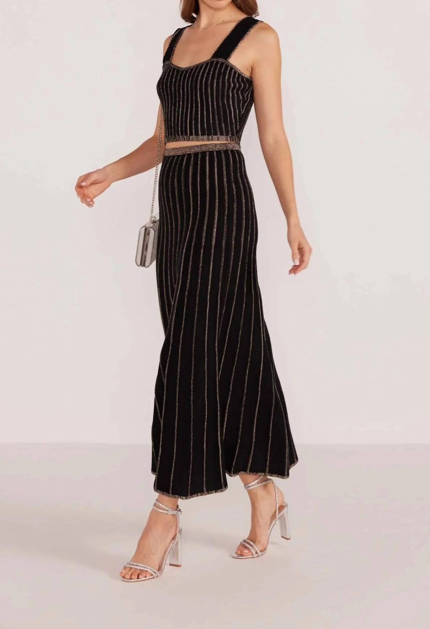 Celia Lurex Stripe Midi Skirt In Black Combo