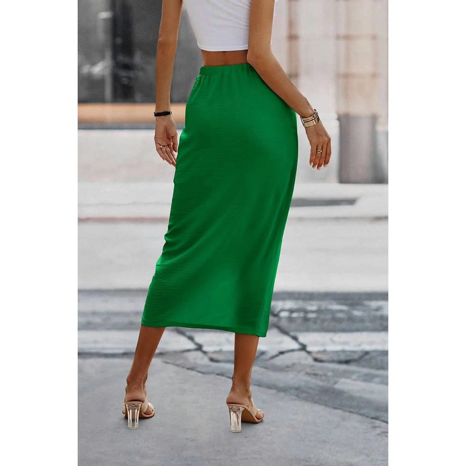 Solid Cross Self Belt Wrap Skirt In Green