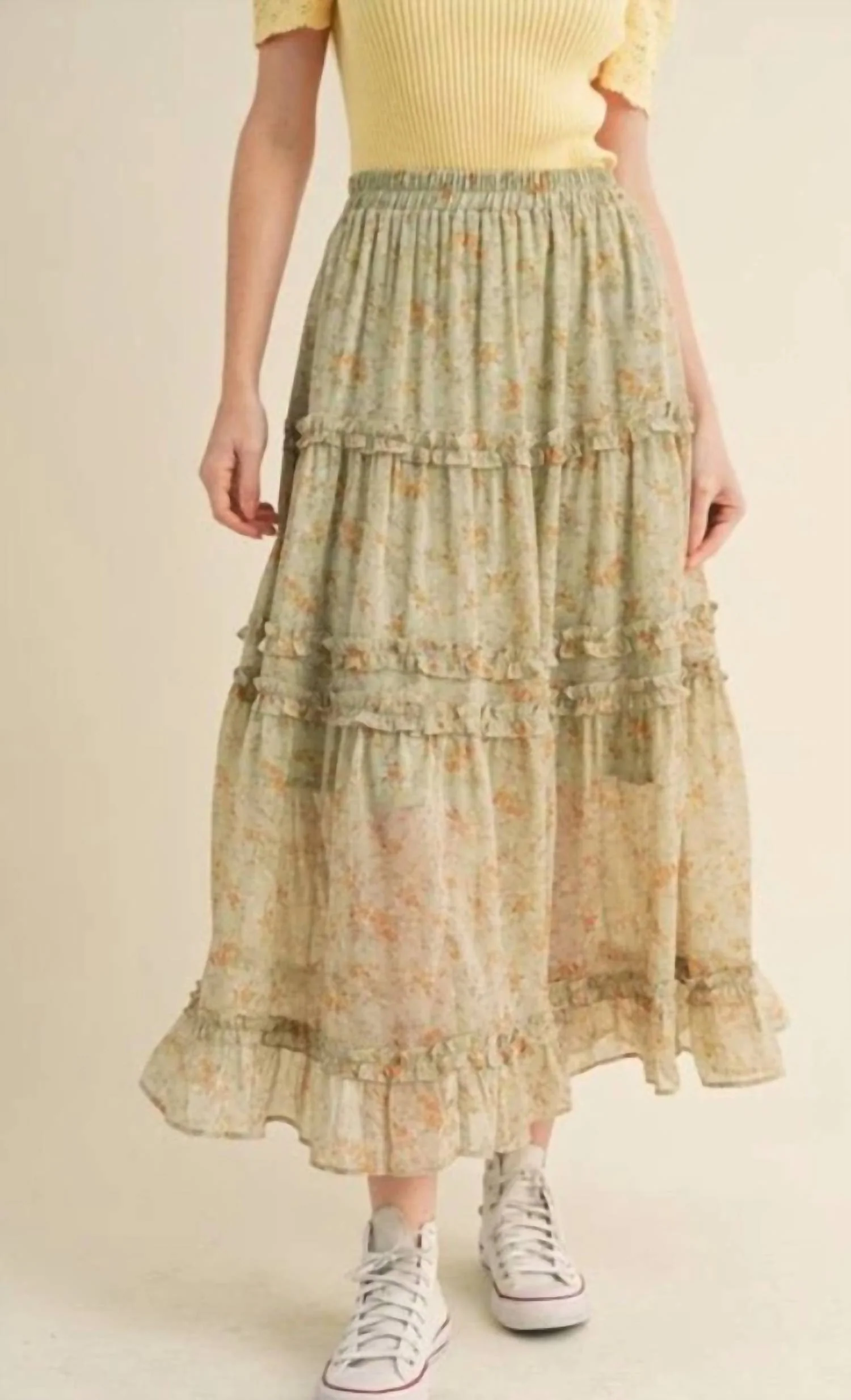 Floral Tiered Maxi Skirt In White