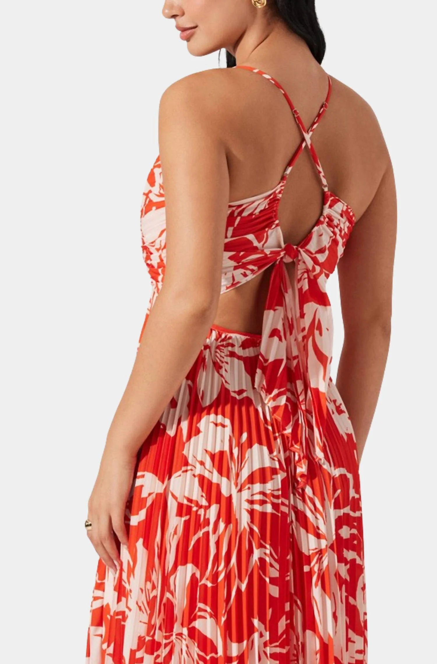 Blythe Floral Plisse Midi Dress In Orange